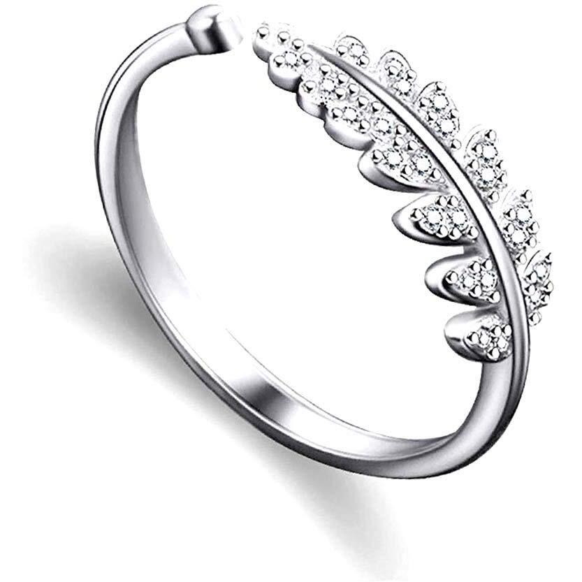 Jewelgenics Cubic Zirconia Titanium Plated Adjustable Beautiful Ring for Girls and Women (Silver) (Leaf Ring)