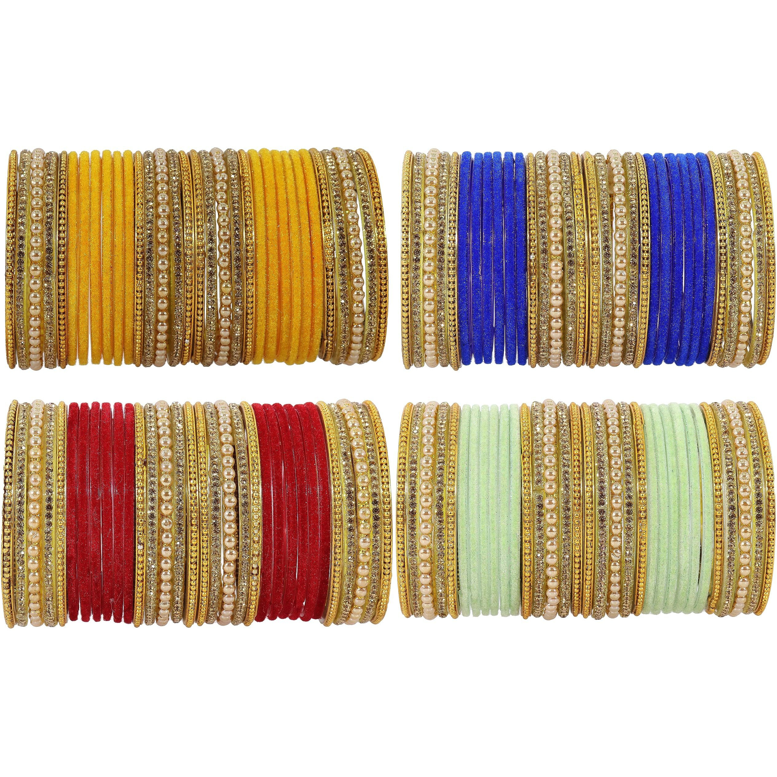NMII Multicolour Glass with Zircon Stone, Pearls and Golden Ballchain Studded Fancy Velvet Bangles Set For Womens and Girls | Stylish Glass Bangles Set- Pack of 128 Bangles, (MultiColour-2.6 Inches)