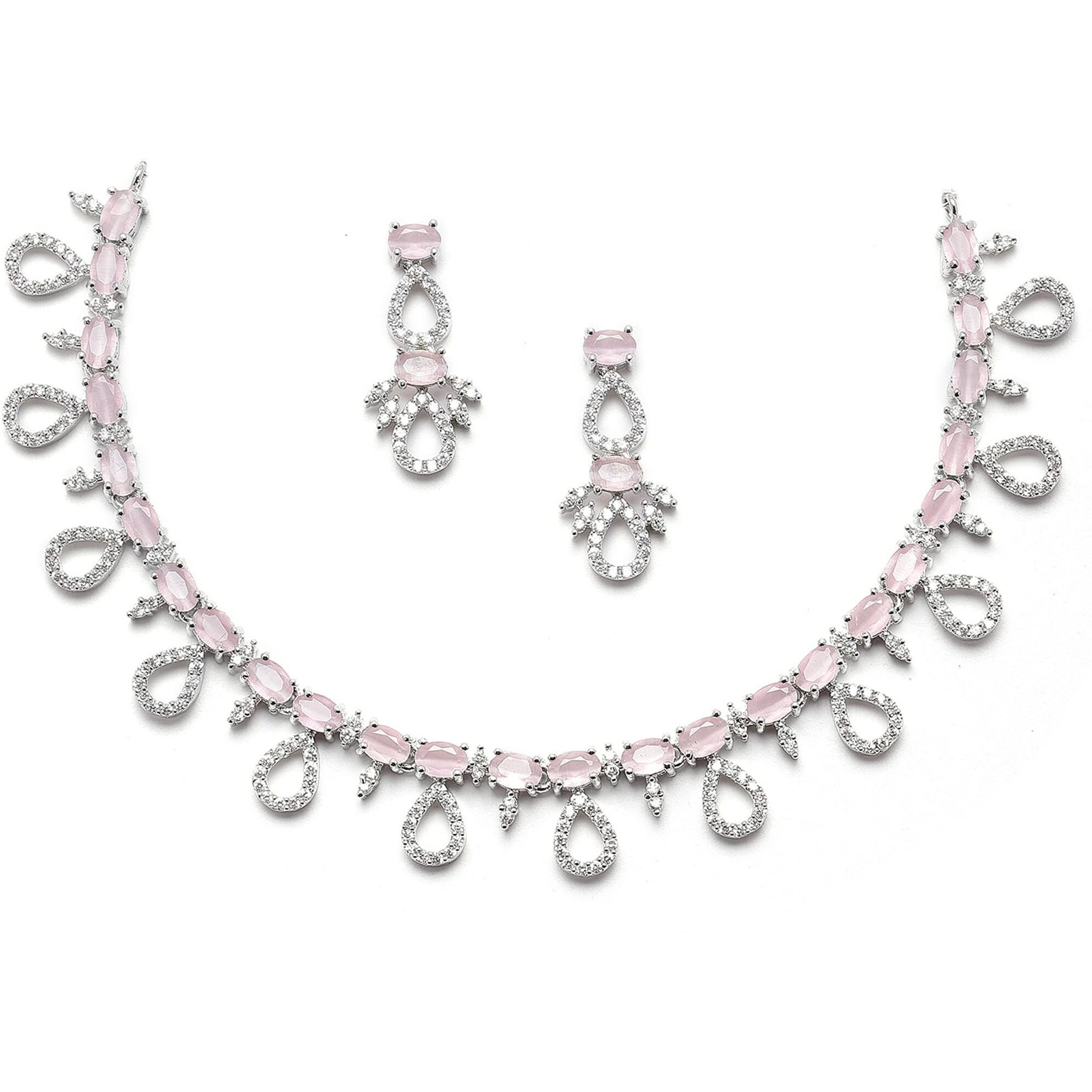 ZENEME Rhodium-Plated Silver Toned American Diamond Studded Necklace with Earrings Jewellery Set for Girls and Women (Pink)