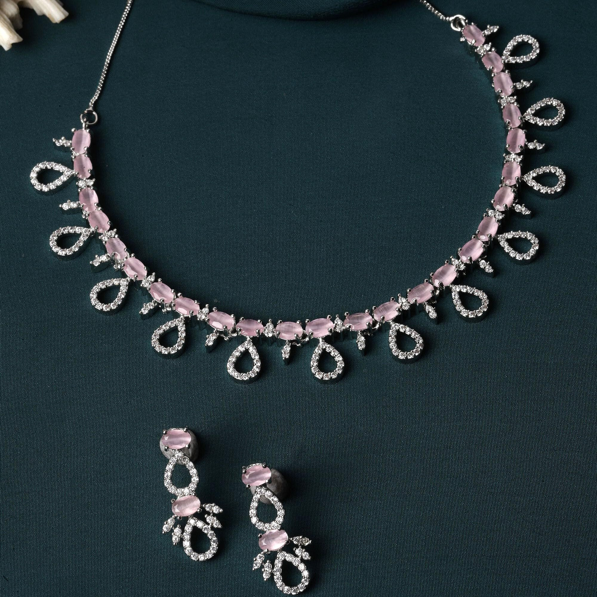 ZENEME Rhodium-Plated Silver Toned American Diamond Studded Necklace with Earrings Jewellery Set for Girls and Women (Pink)