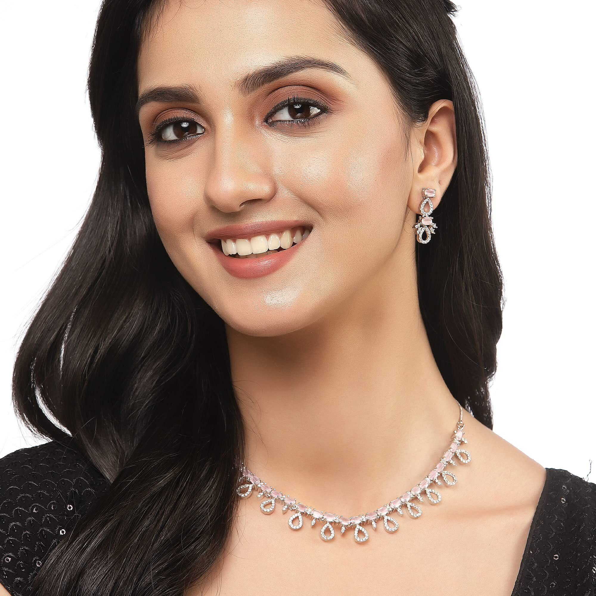 ZENEME Rhodium-Plated Silver Toned American Diamond Studded Necklace with Earrings Jewellery Set for Girls and Women (Pink)