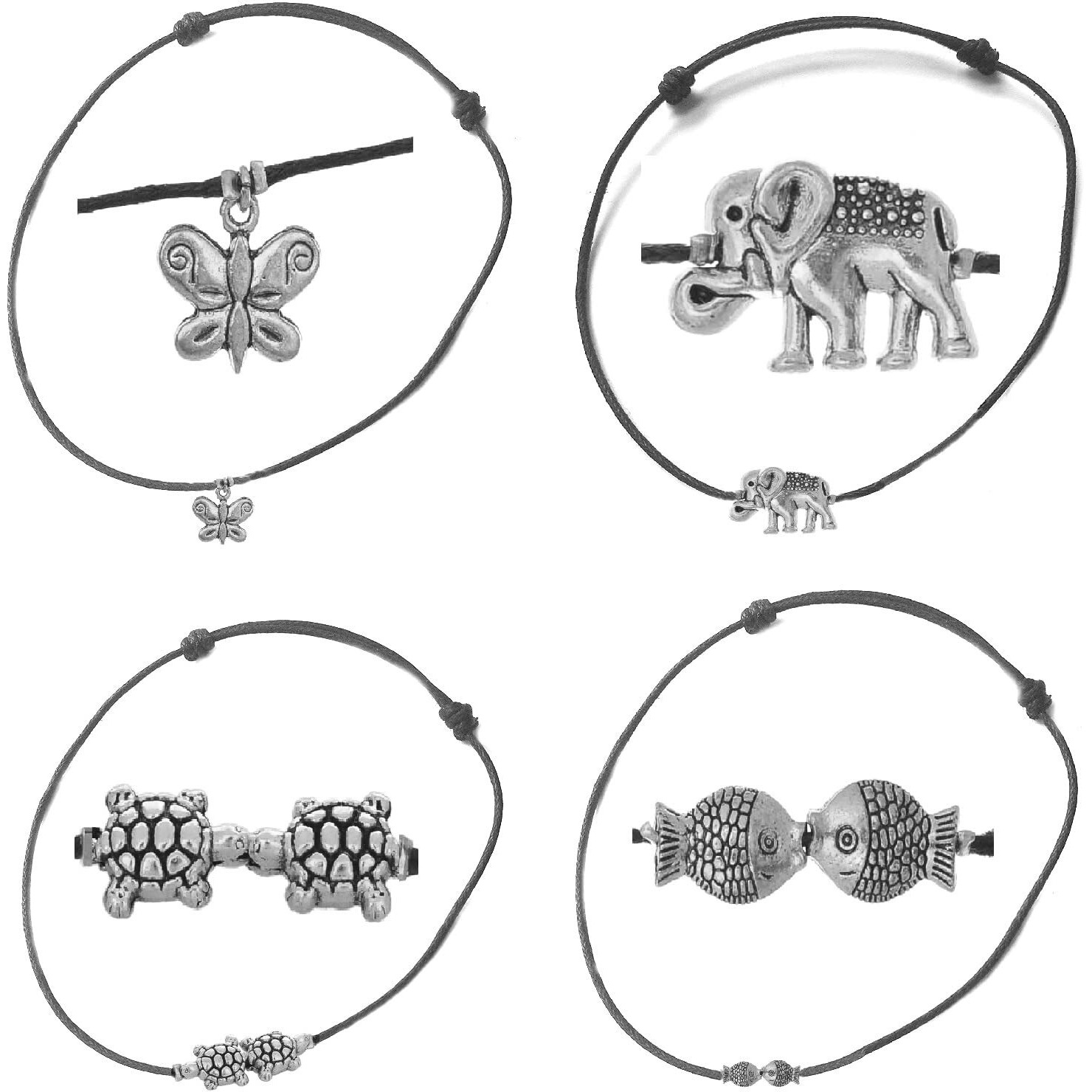 VAMA FASHIONS Adjustable Black Nylon Cord Nazar battu Suraksha fish tortoise Elephant butter Fly Nazariya Payal Silver Anklet for Baby Girls & Women