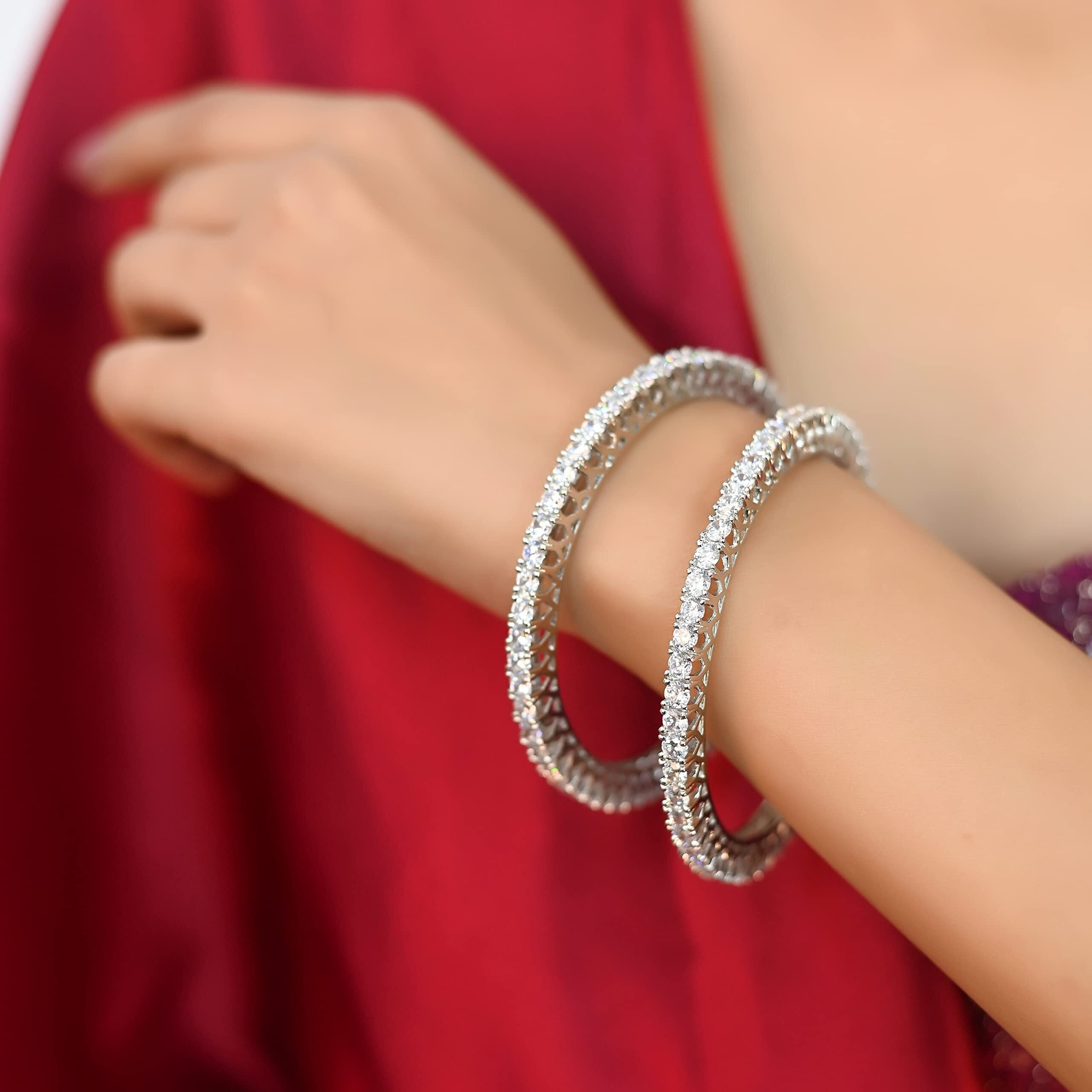 Ratnavali Jewels Beautiful Studded White Platinum Plated Traditional American Diamond Bangles Set for Women