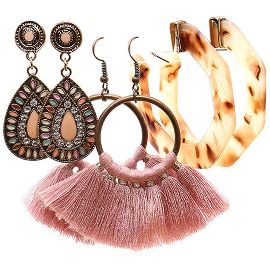 Young & Forever Gift 3Pairs Pink Vintage Earrings Bohemian Statement Earrings for Women Girls Retro Boho Drop Dangle Earrings Set for Women