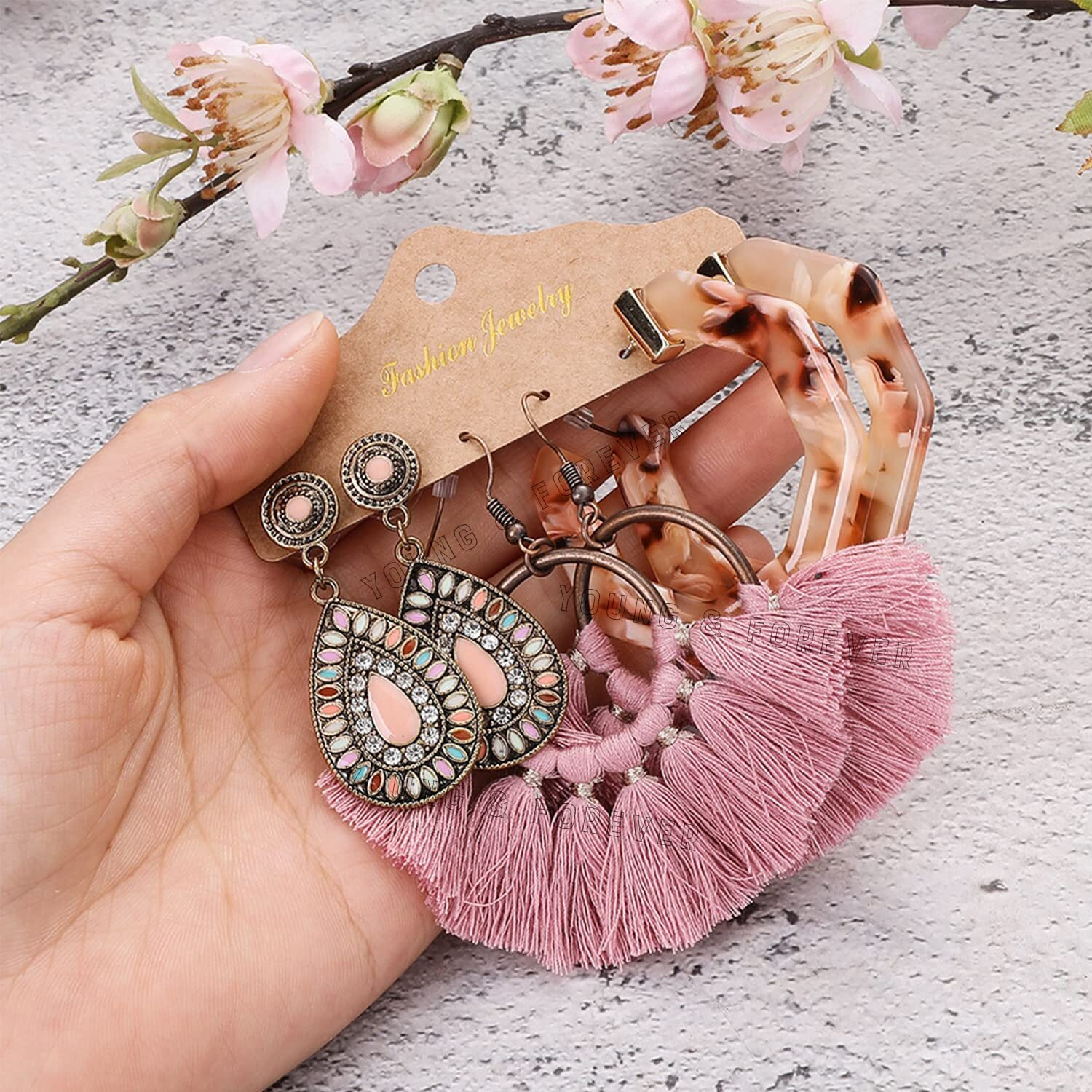 Young & Forever Gift 3Pairs Pink Vintage Earrings Bohemian Statement Earrings for Women Girls Retro Boho Drop Dangle Earrings Set for Women