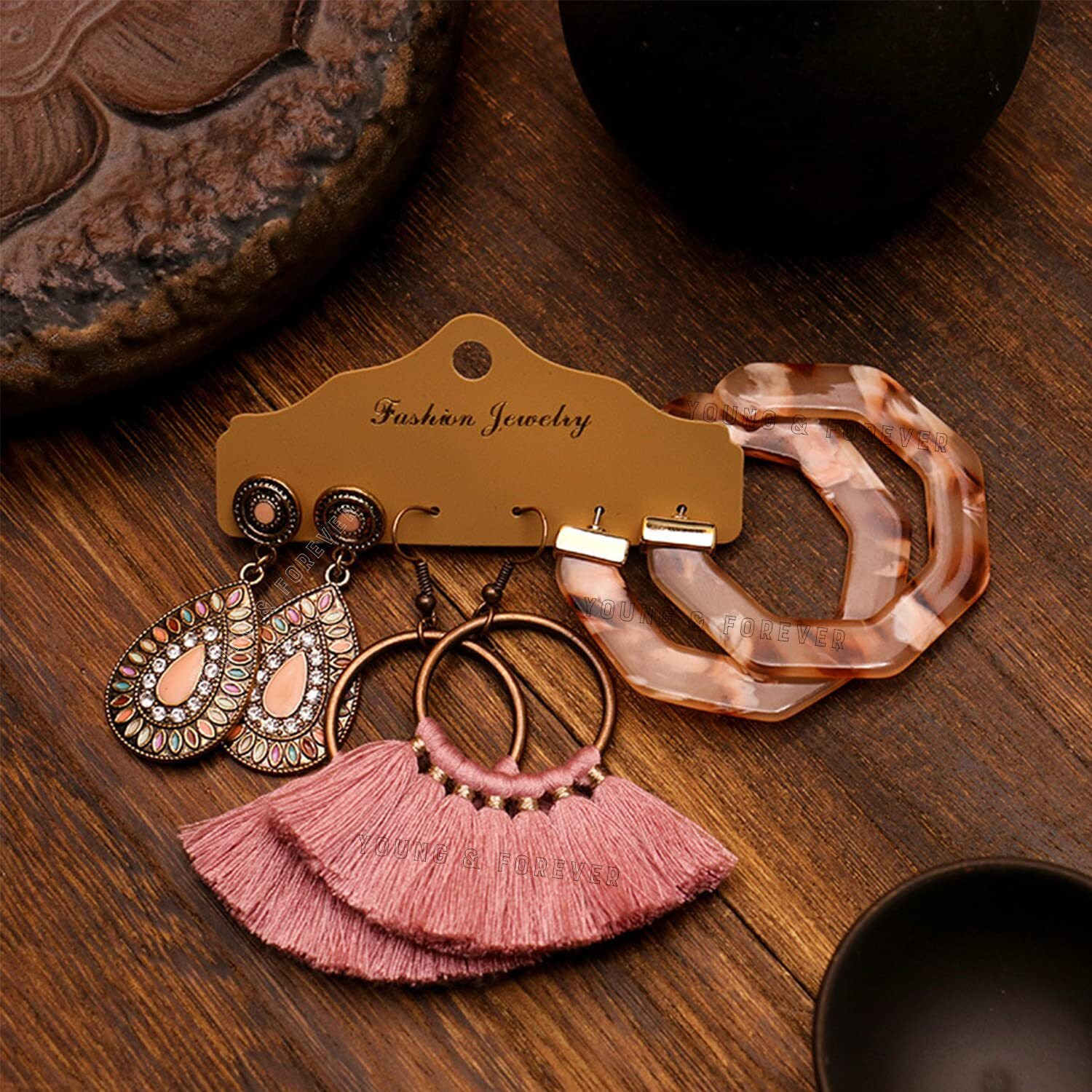 Young & Forever Gift 3Pairs Pink Vintage Earrings Bohemian Statement Earrings for Women Girls Retro Boho Drop Dangle Earrings Set for Women