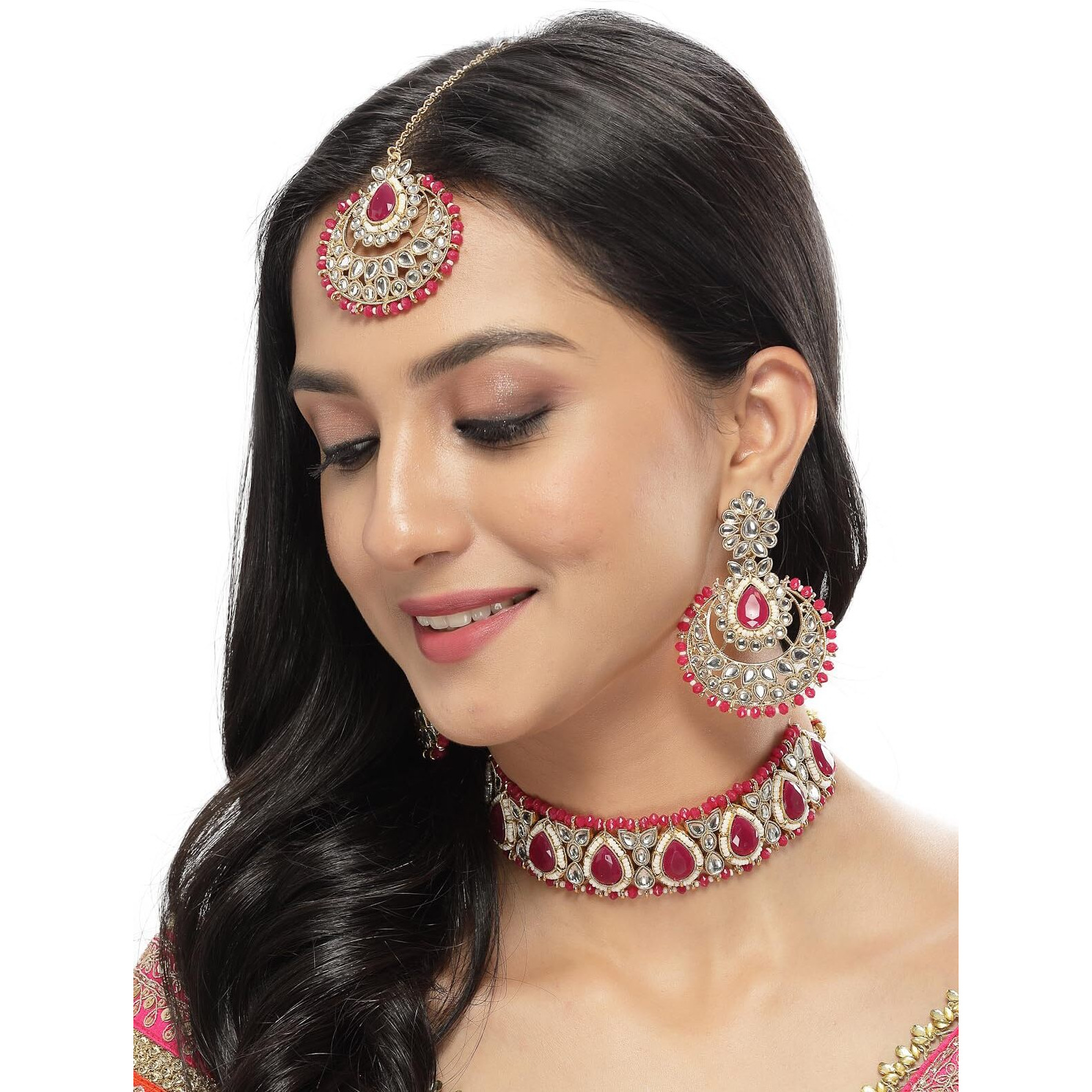 Sukkhi Incredible Drop Shaped Rani Pink Kundan & Beads Choker Necklace Set With Earring And Maangtika | Jewellery Set For Women (NS105633)