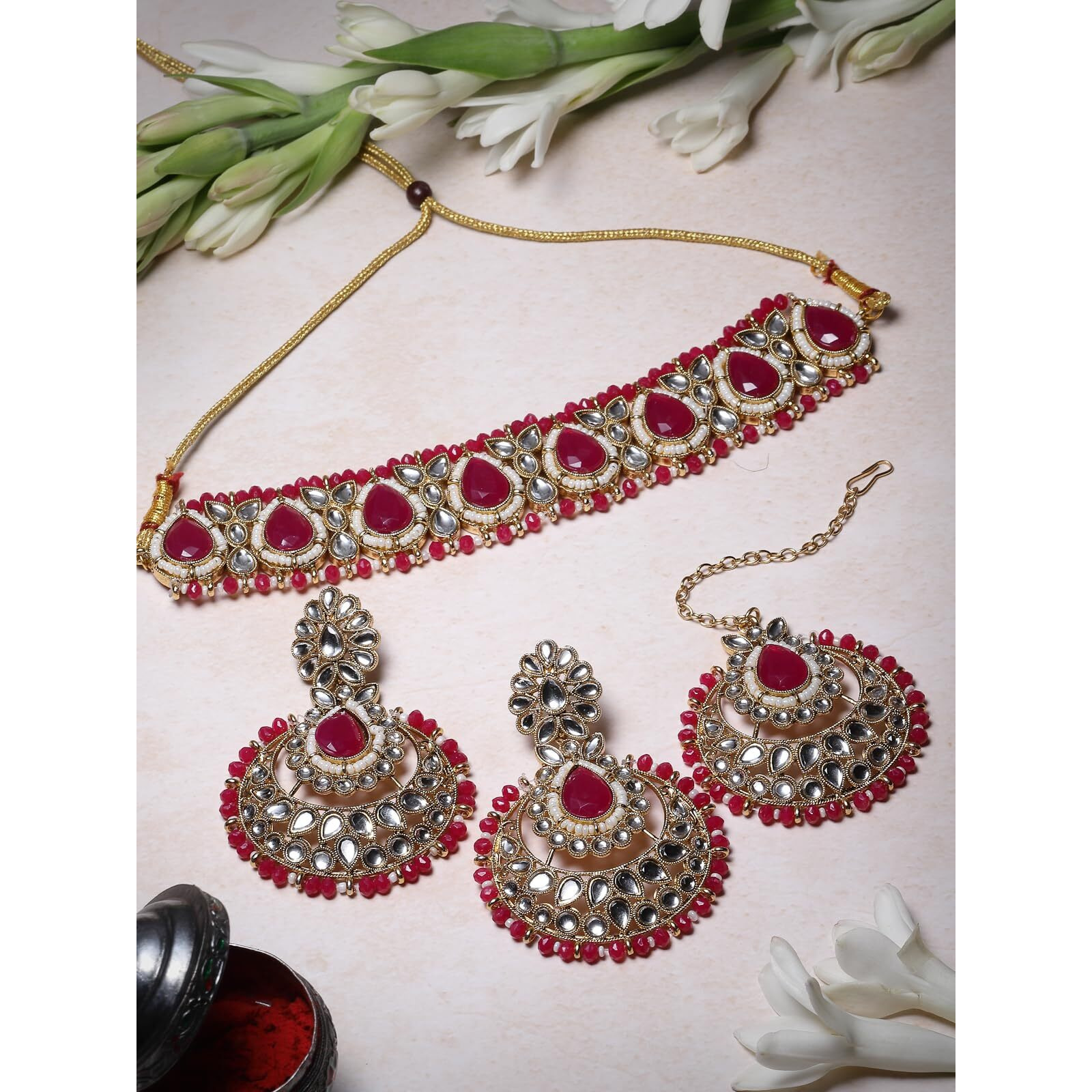 Sukkhi Incredible Drop Shaped Rani Pink Kundan & Beads Choker Necklace Set With Earring And Maangtika | Jewellery Set For Women (NS105633)