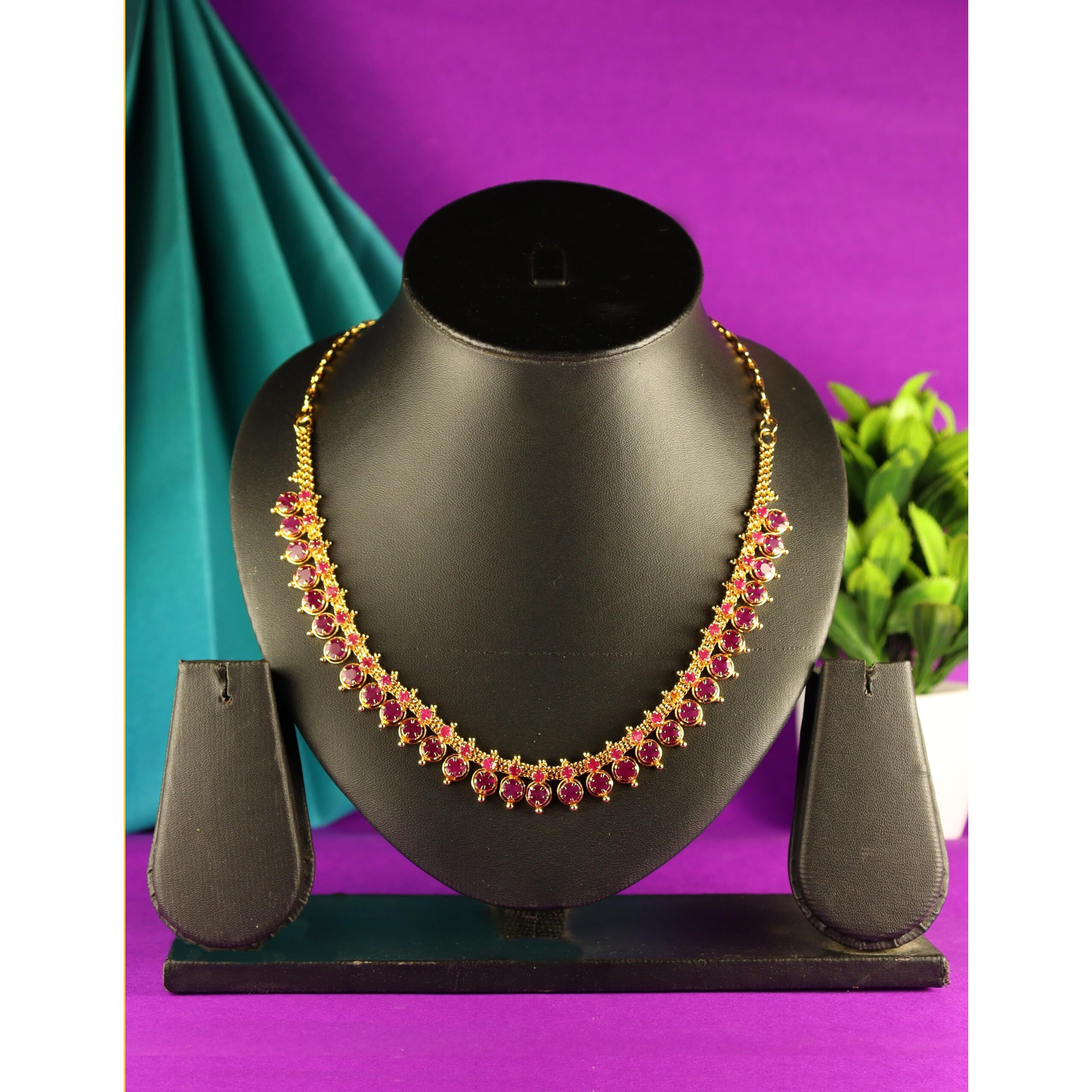 CUTE GOLD One Gram Micro Gold Plated Traditional Trendy South Indian Fashion Jewellery Stylish Ruby Emrald Stone Necklace for Women & Girls