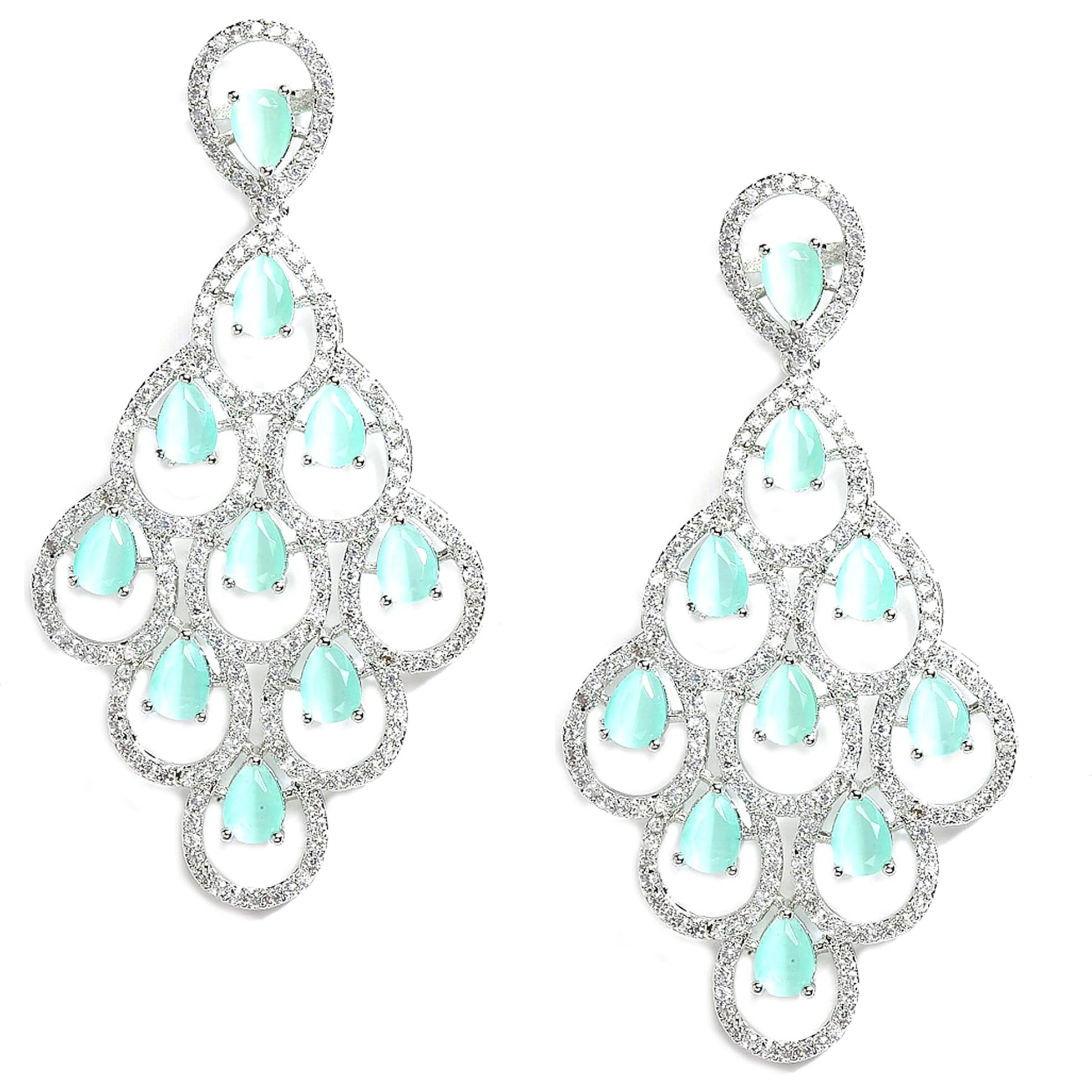 Zeneme Rhodium Plated Silver Toned American Diamond Studded Contemporary Drop Earrings Jewellery (Mint Green) For womens