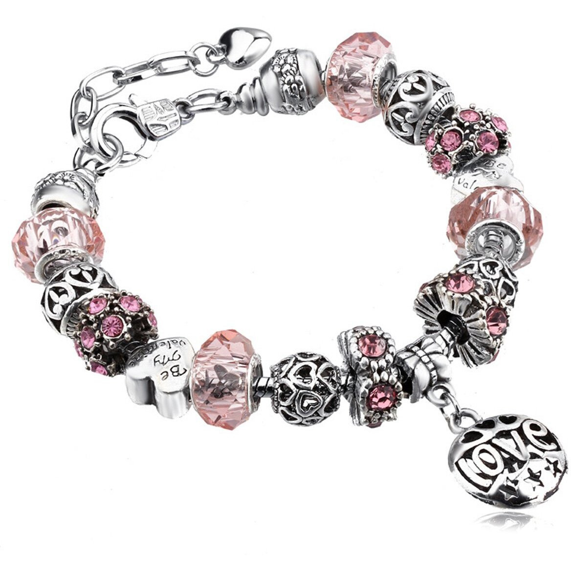 Young & Forever Gift Charismatic Charms Pink Murano Glass Crystal Bead Cubic Zirconia Sterling Silver Love Heart Charm Bracelets for Women/Girls Everyday Fashion Jewelry