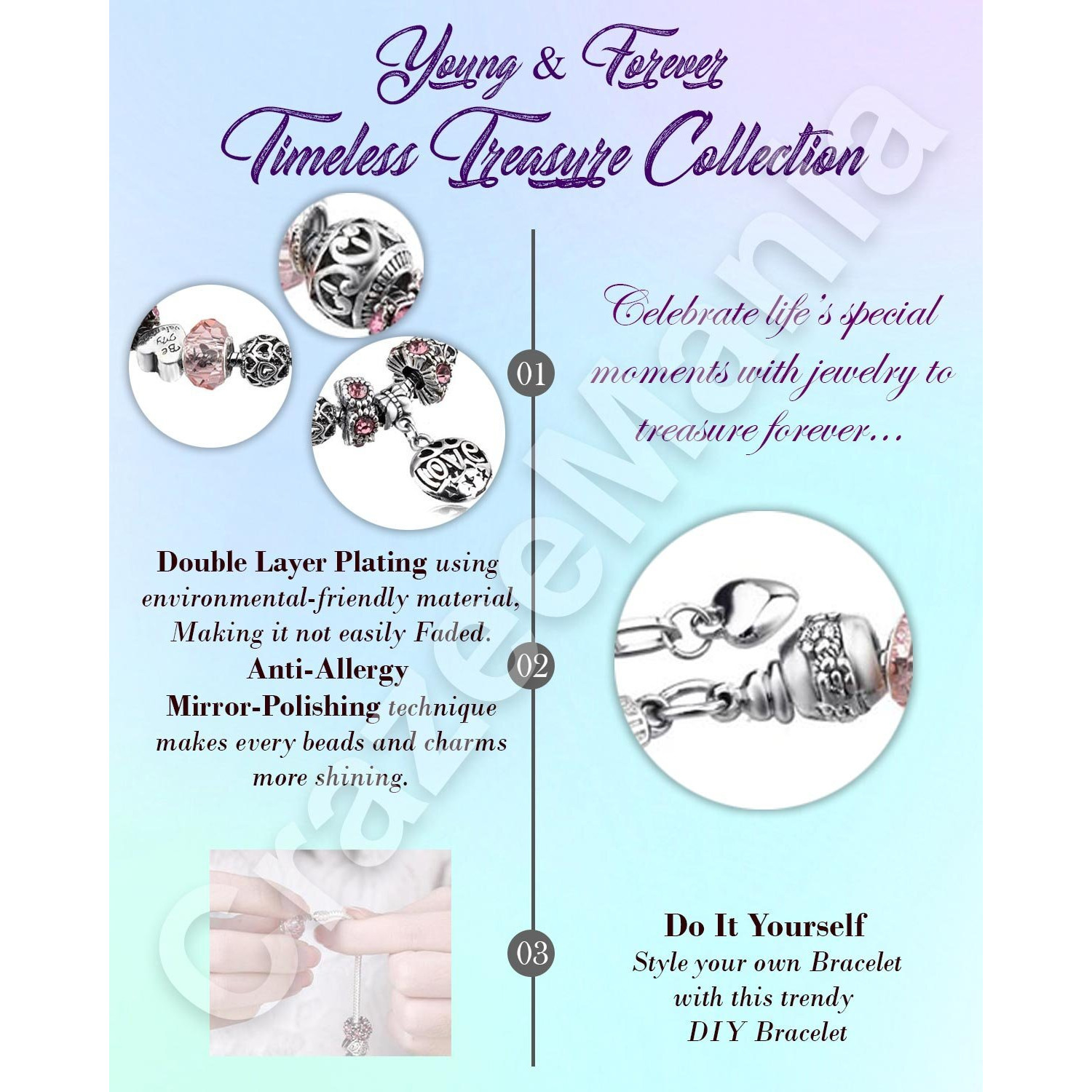Young & Forever Gift Charismatic Charms Pink Murano Glass Crystal Bead Cubic Zirconia Sterling Silver Love Heart Charm Bracelets for Women/Girls Everyday Fashion Jewelry