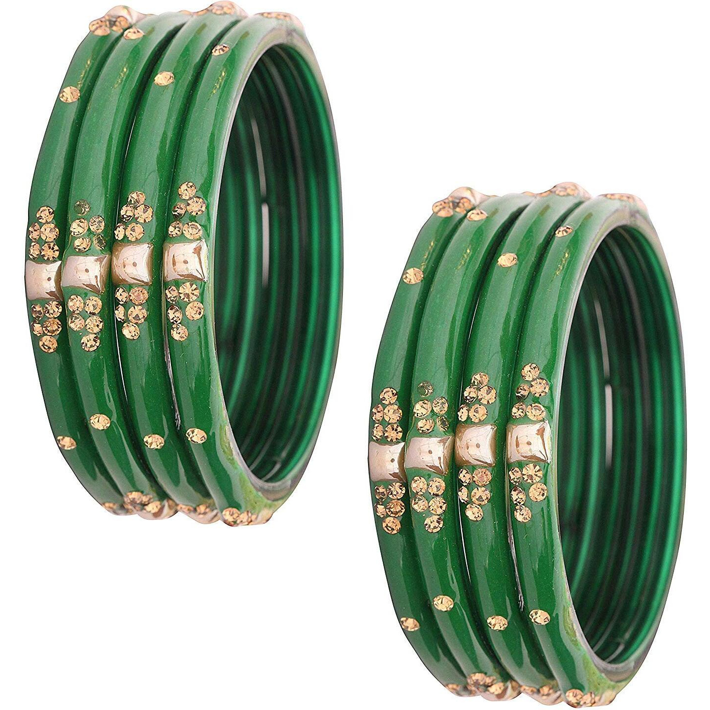 NMII Glass with Zircon Gemstone Or Beads Studded worked Glossy Finished Kada Set For Women and Girls, (Green_2.8 Inches), Pack Of 8 Kada Set