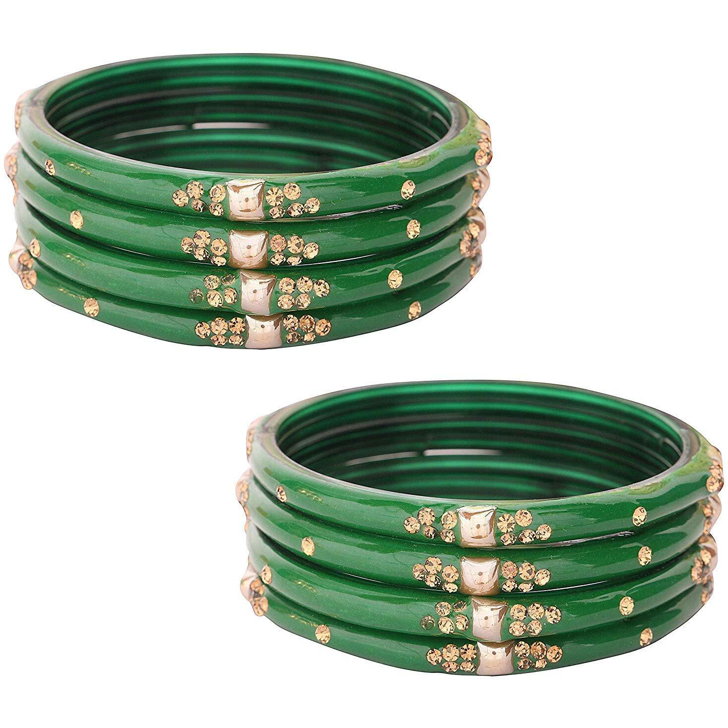 NMII Glass with Zircon Gemstone Or Beads Studded worked Glossy Finished Kada Set For Women and Girls, (Green_2.8 Inches), Pack Of 8 Kada Set