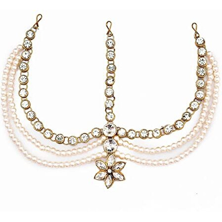 Handicraft Kottage Latest Hair Jewelry Traditional Gold Pearl Stylish Chain Mathapatti Maang Tikka Jewellery (Style16)