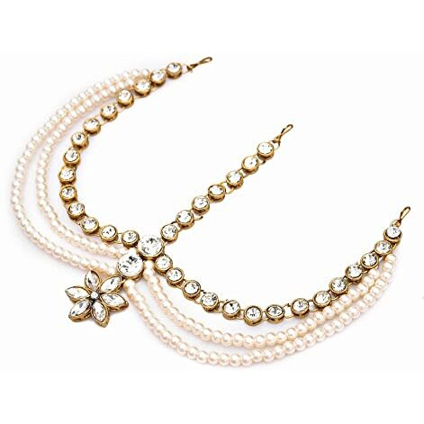 Handicraft Kottage Latest Hair Jewelry Traditional Gold Pearl Stylish Chain Mathapatti Maang Tikka Jewellery (Style16)