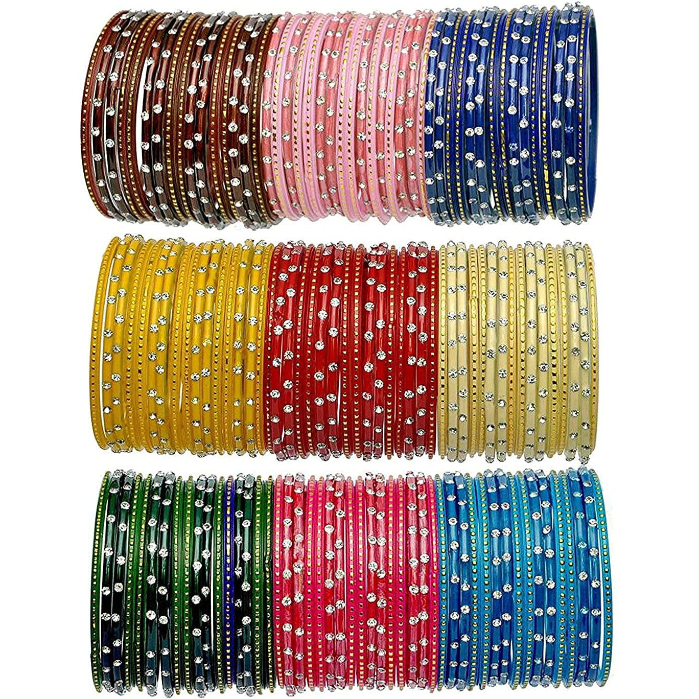 NMII Glass with Zircon Gemstone Studded worked Glossy Finished Bangle Set For Women and Girls, (F4_Multicolour_2.4 Inches), Pack Of 144 Bangles