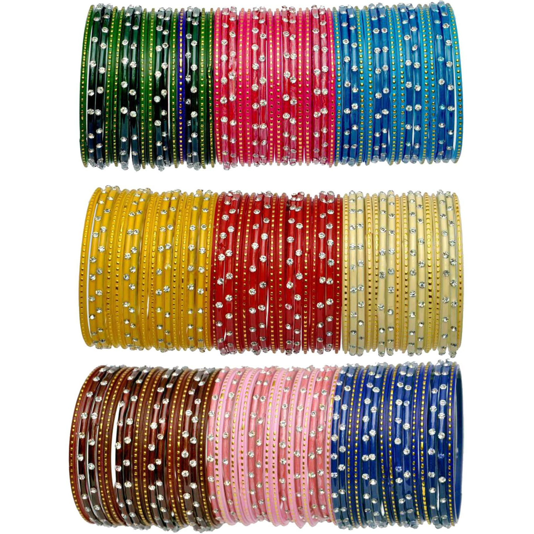 NMII Glass with Zircon Gemstone Studded worked Glossy Finished Bangle Set For Women and Girls, (F4_Multicolour_2.8 Inches), Pack Of 144 Bangles