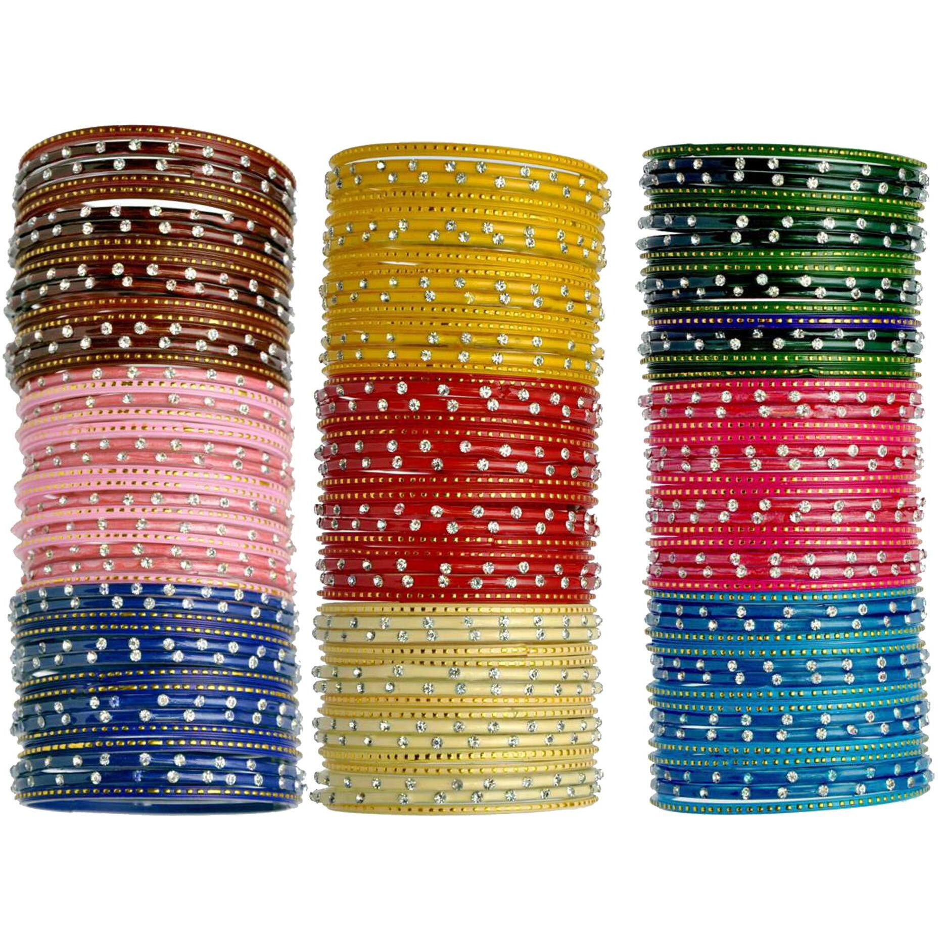 NMII Glass with Zircon Gemstone Studded worked Glossy Finished Bangle Set For Women and Girls, (F4_Multicolour_2.8 Inches), Pack Of 144 Bangles