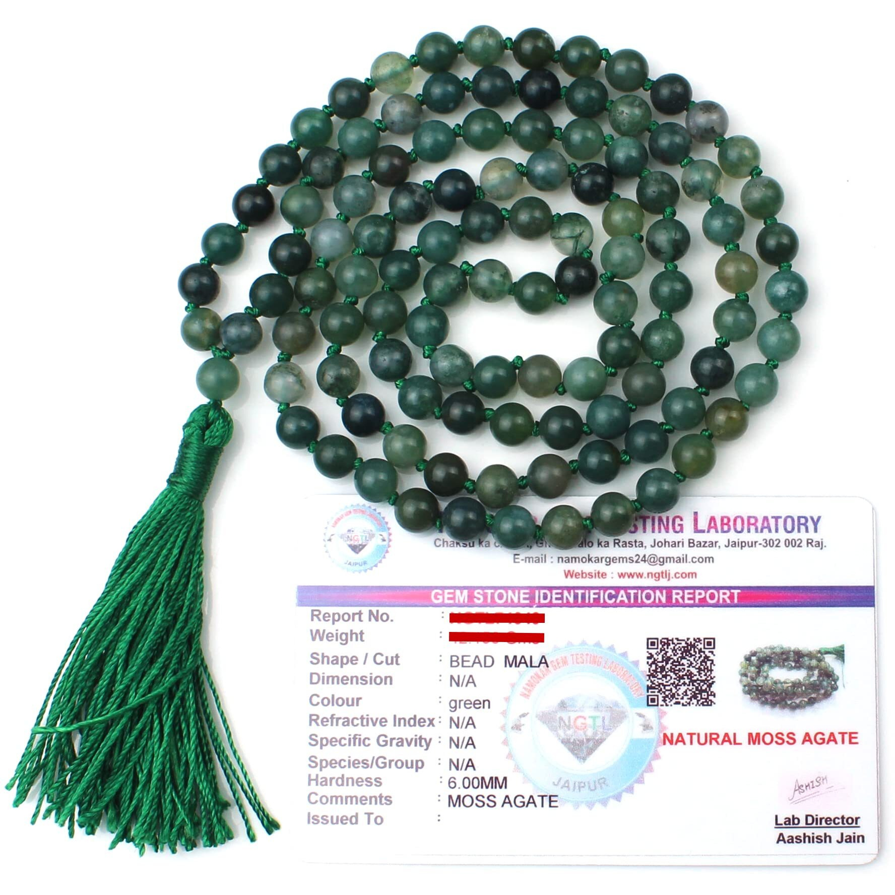 Remedywala Certified Natural Crystal Moss Agate mala Natural Crystal Stone 6 mm 108 Beads Jap Mala for Meditation, Pooja, Chanting, Wearing/Moss Agate mala 108 beads original