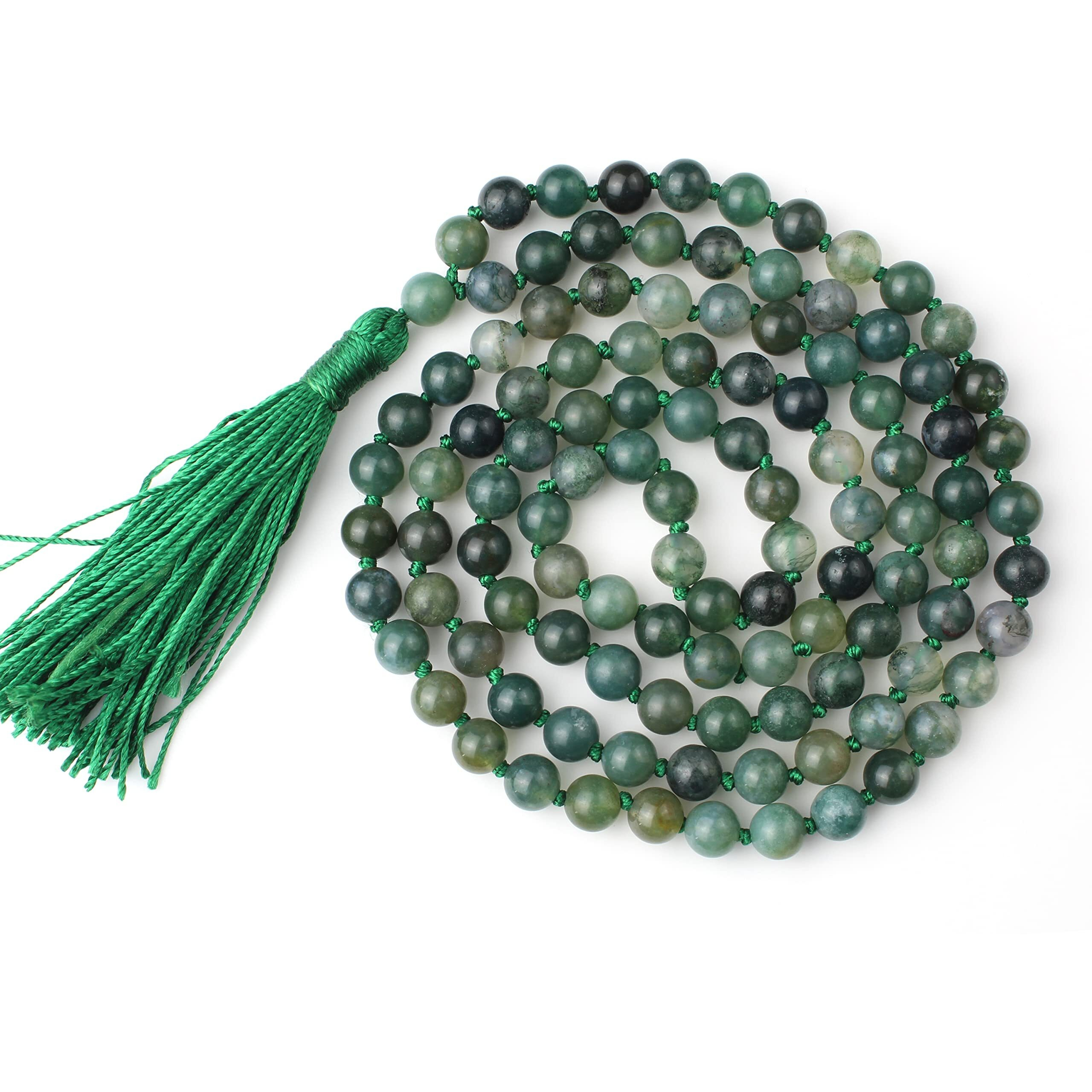 Remedywala Certified Natural Crystal Moss Agate mala Natural Crystal Stone 6 mm 108 Beads Jap Mala for Meditation, Pooja, Chanting, Wearing/Moss Agate mala 108 beads original