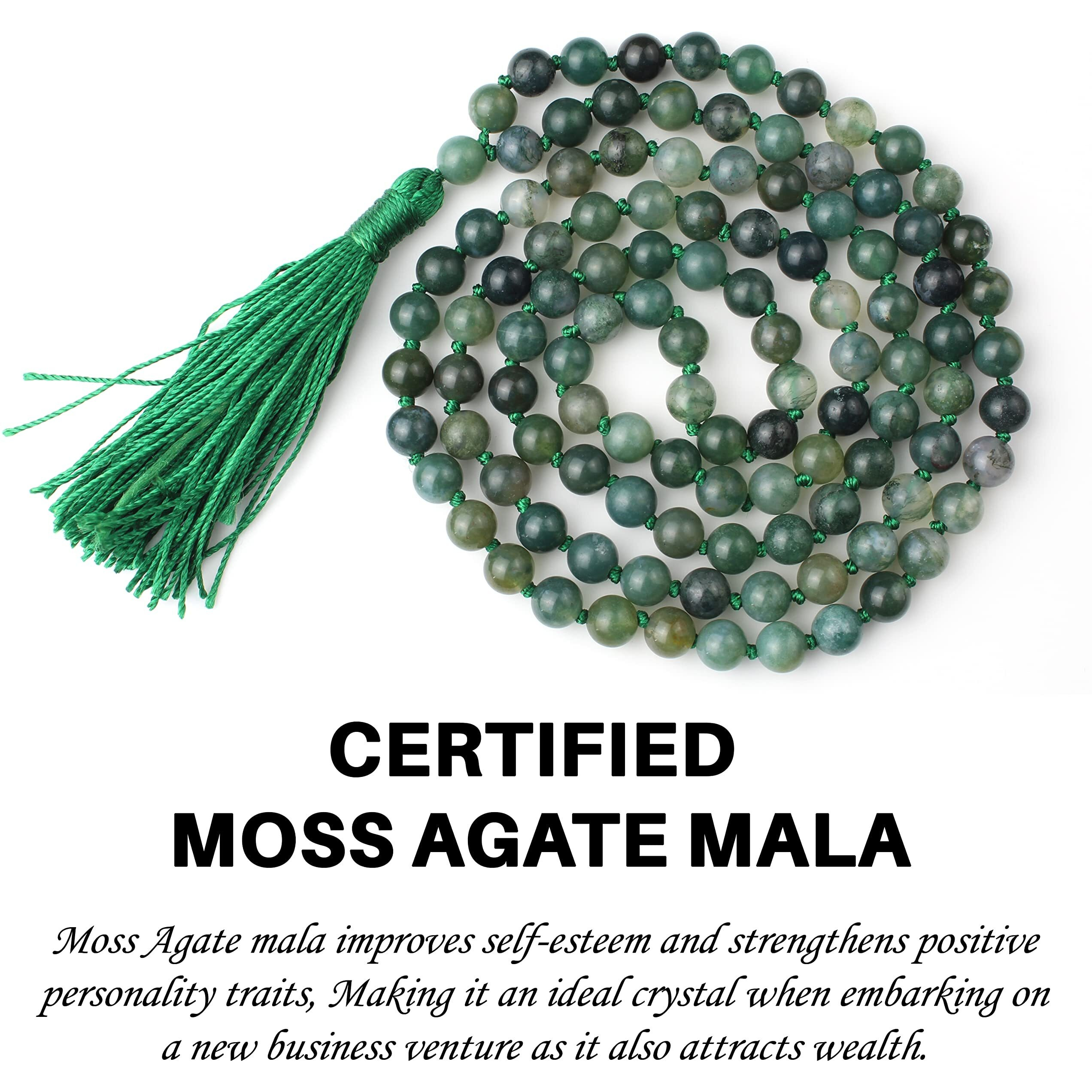 Remedywala Certified Natural Crystal Moss Agate mala Natural Crystal Stone 6 mm 108 Beads Jap Mala for Meditation, Pooja, Chanting, Wearing/Moss Agate mala 108 beads original