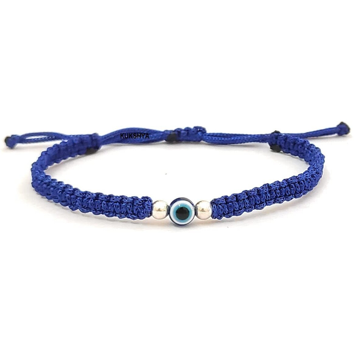 KUKSHYA JEWELLERS 925 Sterling Silver 2 ball + Evil Eye Charm Thread(Dhaga) Bracelet Nazariya Adjustable| Nazar Battu For Girls Women Men & Women (GB 086) (Blue)