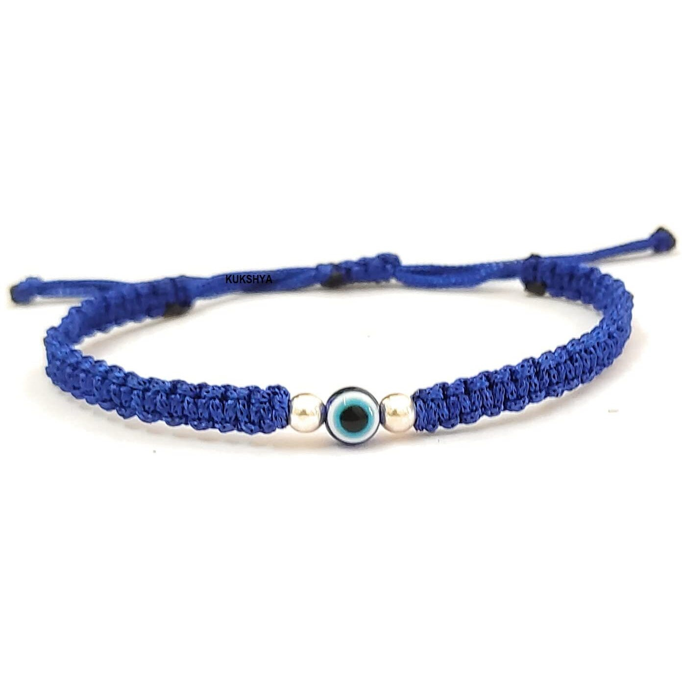 KUKSHYA JEWELLERS 925 Sterling Silver 2 ball + Evil Eye Charm Thread(Dhaga) Bracelet Nazariya Adjustable| Nazar Battu For Girls Women Men & Women (GB 086) (Blue)