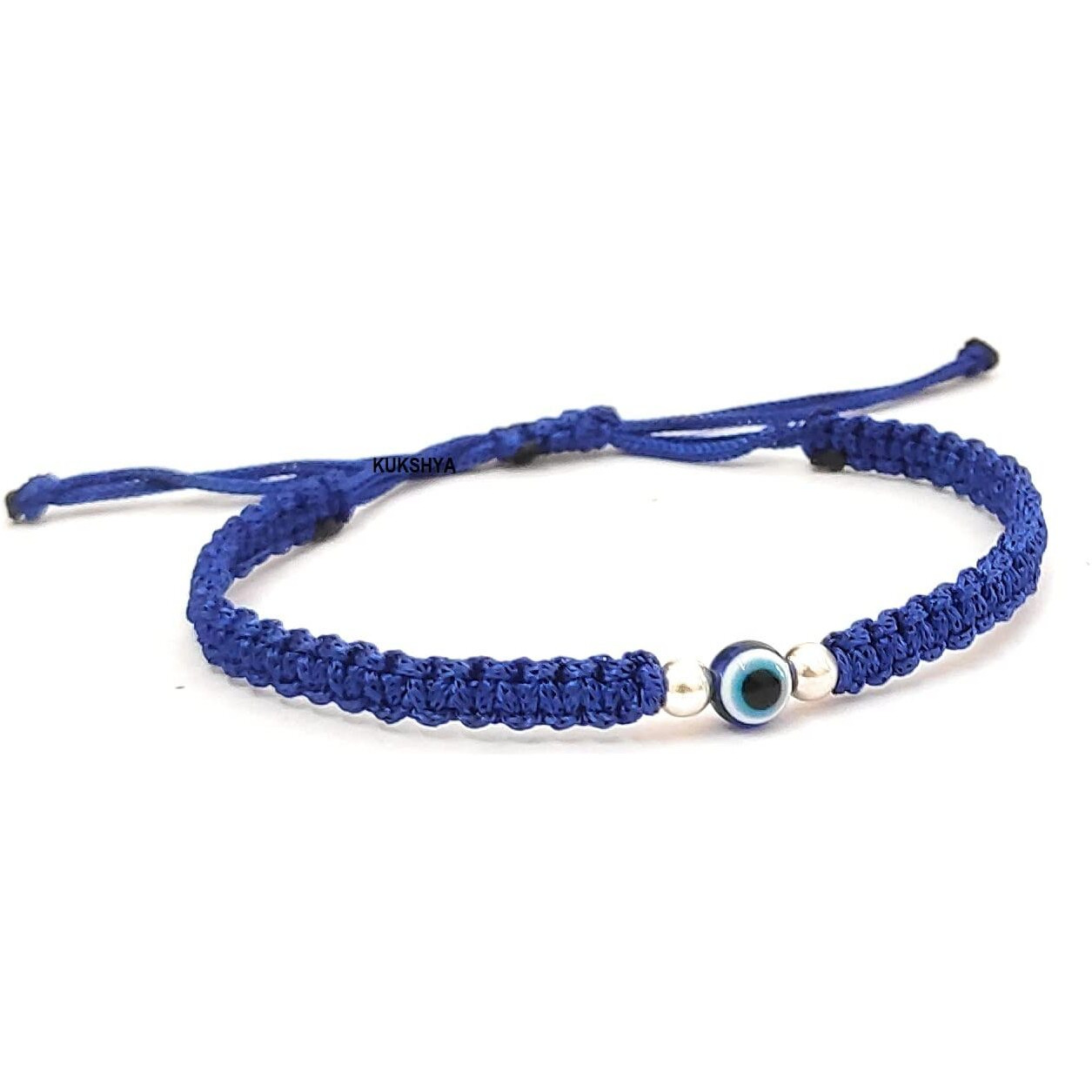 KUKSHYA JEWELLERS 925 Sterling Silver 2 ball + Evil Eye Charm Thread(Dhaga) Bracelet Nazariya Adjustable| Nazar Battu For Girls Women Men & Women (GB 086) (Blue)