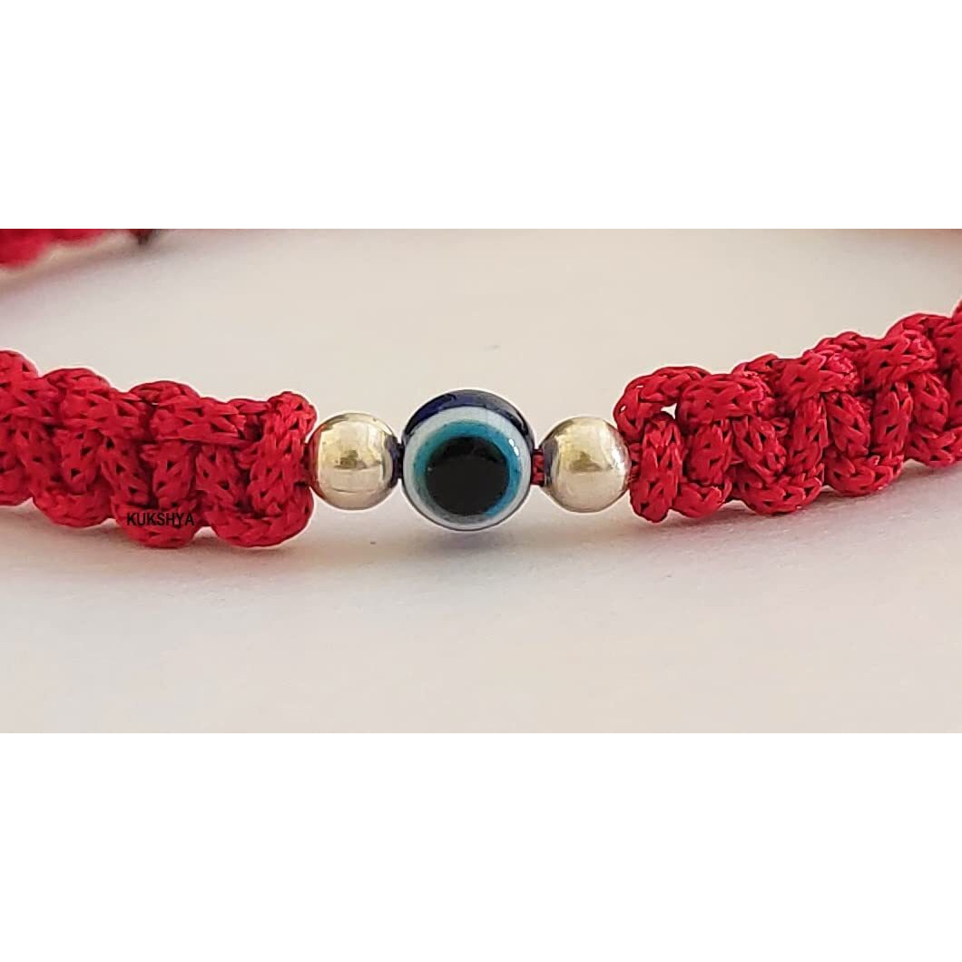KUKSHYA JEWELLERS 925 Sterling Silver 2 ball + Evil Eye Charm Thread(Dhaga) Bracelet Nazariya Adjustable| Nazar Battu For Girls Women Men & Women (GB 084) (Red)