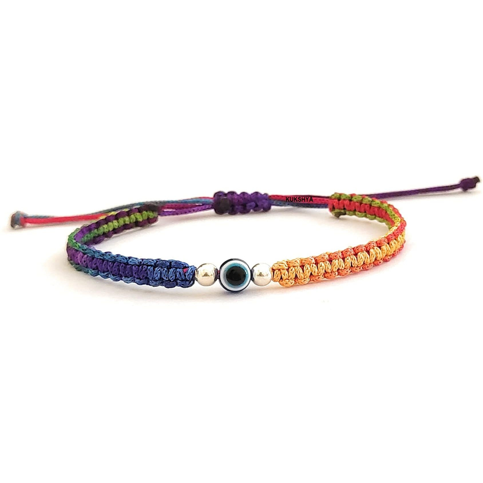 KUKSHYA JEWELLERS 925 Sterling Silver 2 ball + Evil Eye Charm Thread(Dhaga) Bracelet Nazariya Adjustable| Nazar Battu For Girls Women Men & Women (GB 088) (Multicolour)