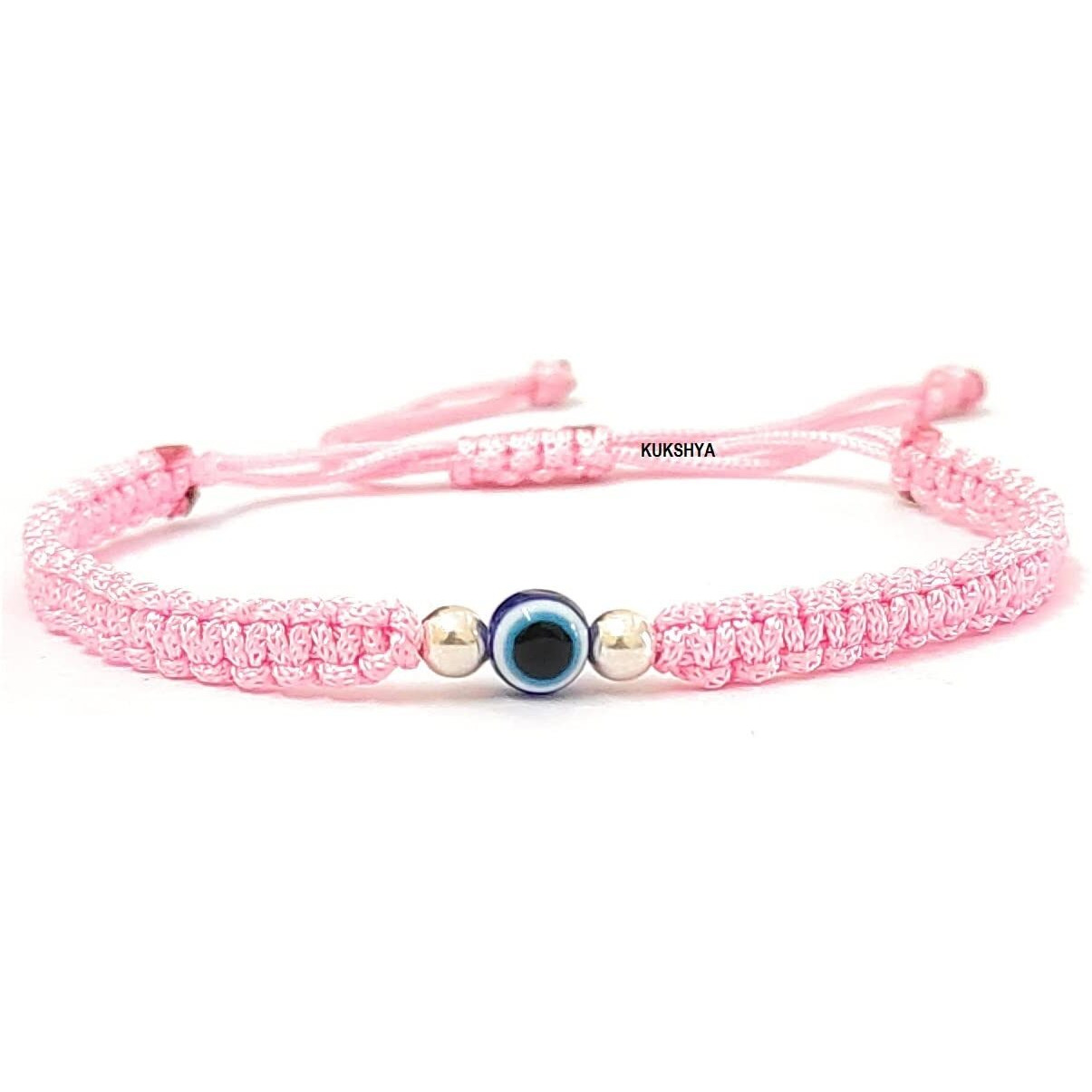 KUKSHYA JEWELLERS 925 Sterling Silver 2 ball + Evil Eye Charm Thread(Dhaga) Bracelet Nazariya Adjustable| Nazar Battu For Girls Women Men & Women (GB 085) (Pink)