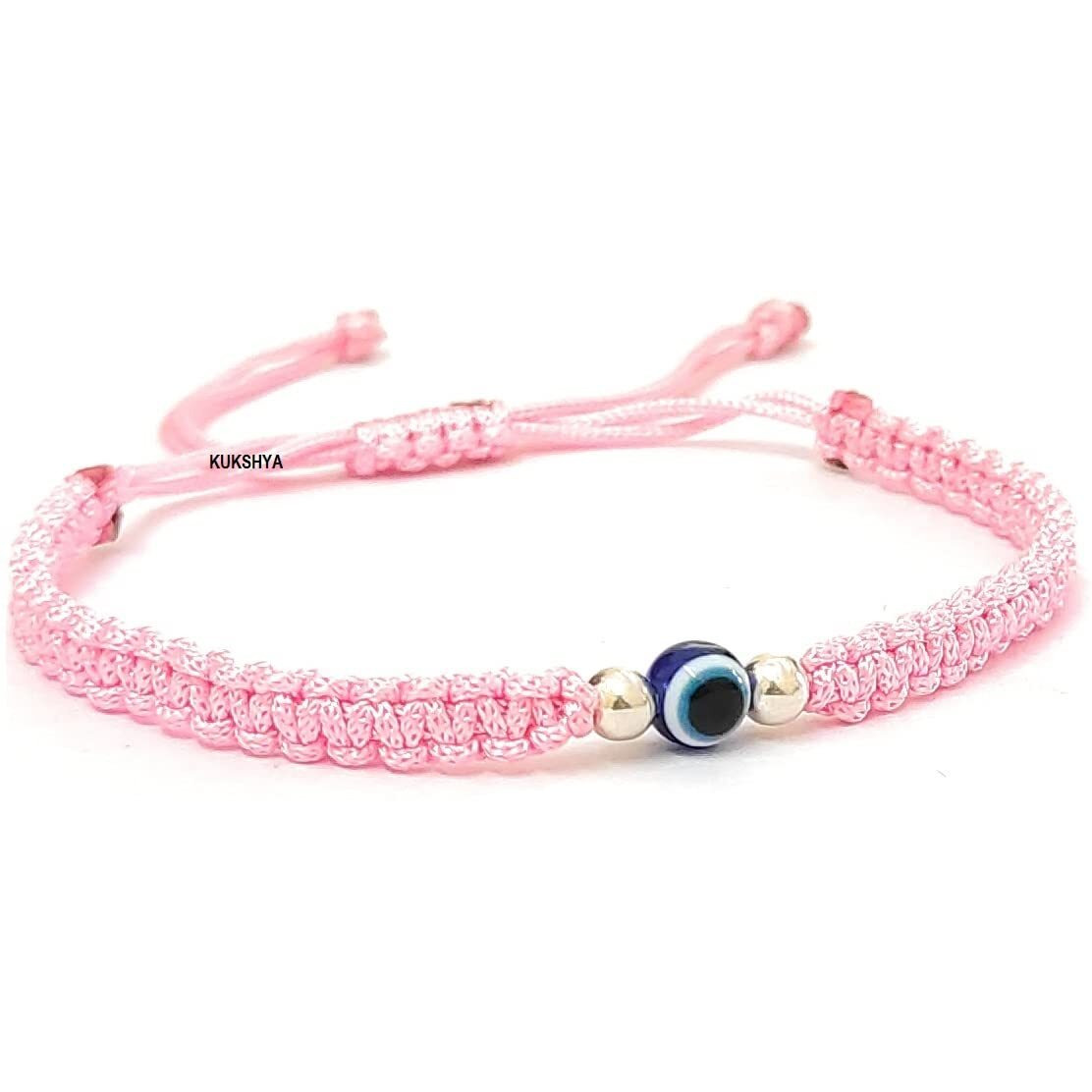 KUKSHYA JEWELLERS 925 Sterling Silver 2 ball + Evil Eye Charm Thread(Dhaga) Bracelet Nazariya Adjustable| Nazar Battu For Girls Women Men & Women (GB 085) (Pink)