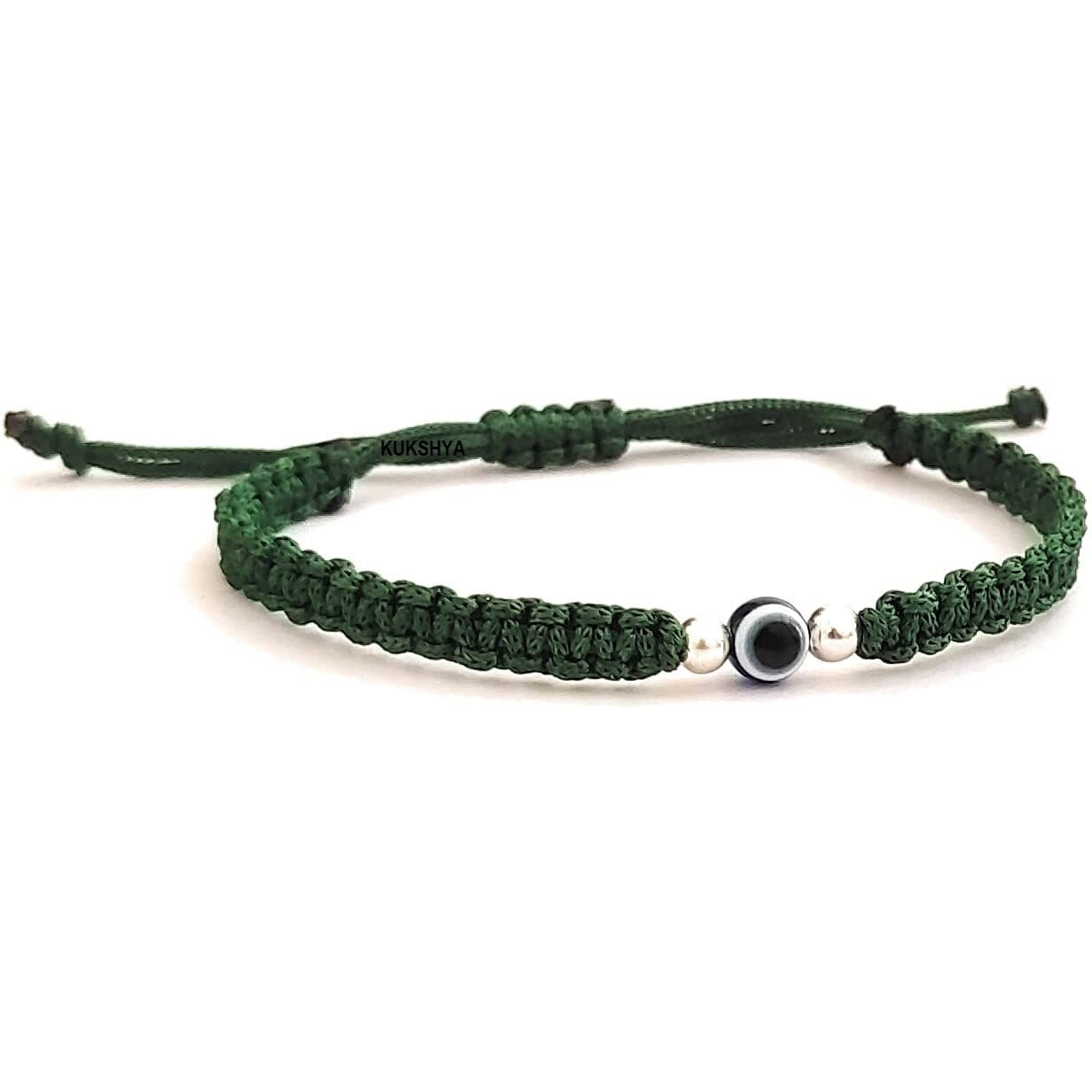 KUKSHYA JEWELLERS 925 Sterling Silver 2 ball + Evil Eye Charm Thread(Dhaga) Bracelet Nazariya Adjustable| Nazar Battu For Girls Women Men & Women (GB 087) (Green)