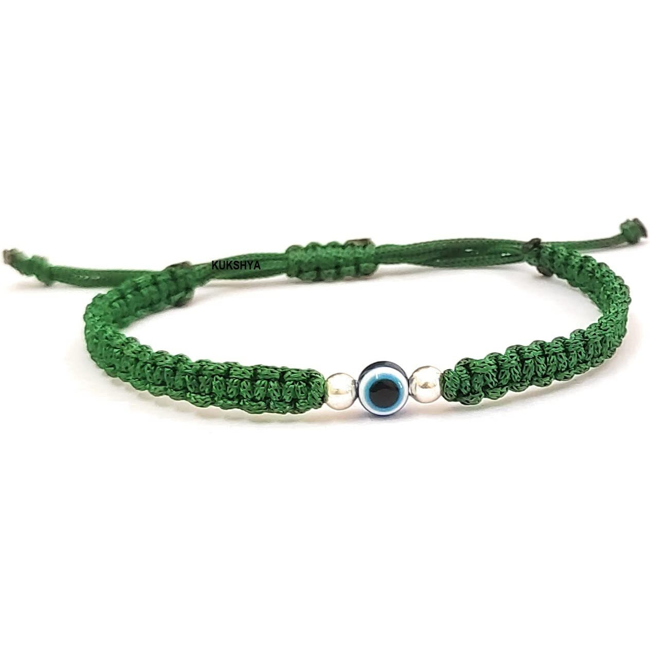 KUKSHYA JEWELLERS 925 Sterling Silver 2 ball + Evil Eye Charm Thread(Dhaga) Bracelet Nazariya Adjustable| Nazar Battu For Girls Women Men & Women (GB 087) (Green)