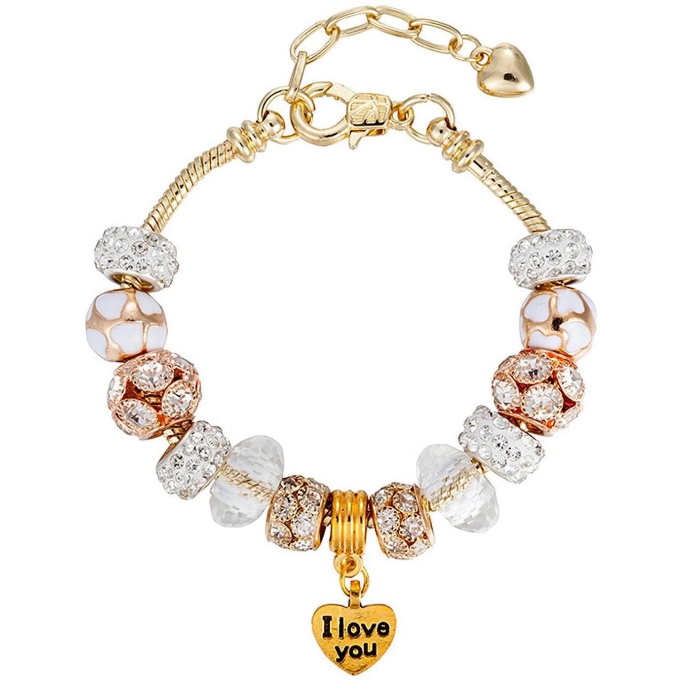 Young & Forever Gift Charismatic Charms Murano Glass Crystal Bead Cubic Zirconia Gold I Love You Heart White Enamel Charm Bracelets for Women/Girls Fashion Jewelry
