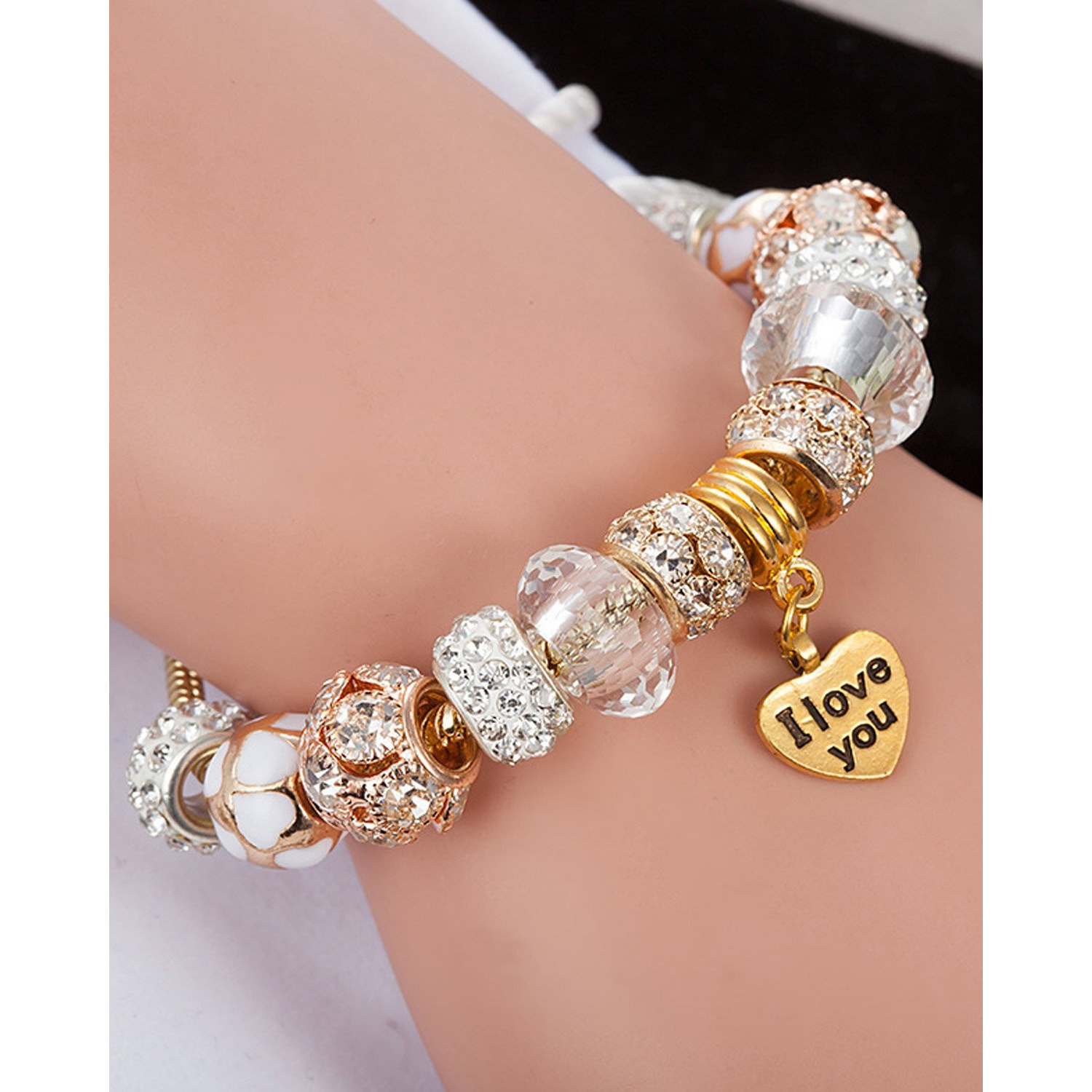 Young & Forever Gift Charismatic Charms Murano Glass Crystal Bead Cubic Zirconia Gold I Love You Heart White Enamel Charm Bracelets for Women/Girls Fashion Jewelry