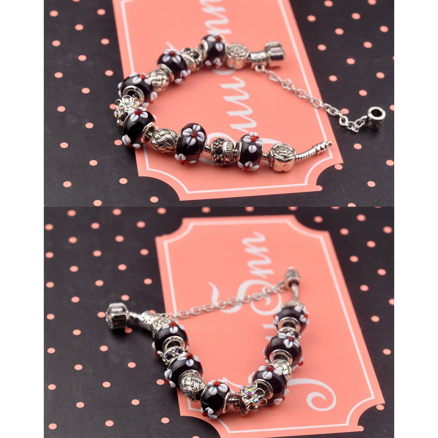 Young & Forever Gift Charismatic Charms Black Murano Glass Crystal Bead Cubic Zirconia Sterling Silver Flower Rose Charm Bracelets for Women/Girls Everyday Fashion Jewelry