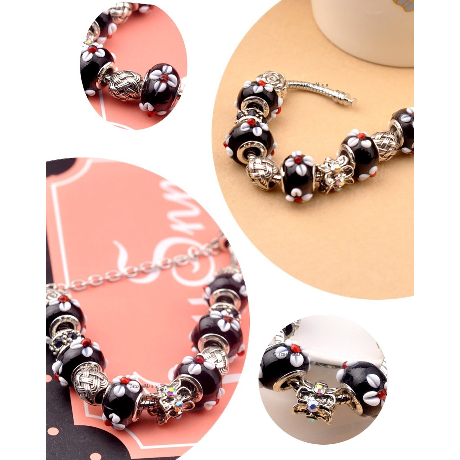 Young & Forever Gift Charismatic Charms Black Murano Glass Crystal Bead Cubic Zirconia Sterling Silver Flower Rose Charm Bracelets for Women/Girls Everyday Fashion Jewelry