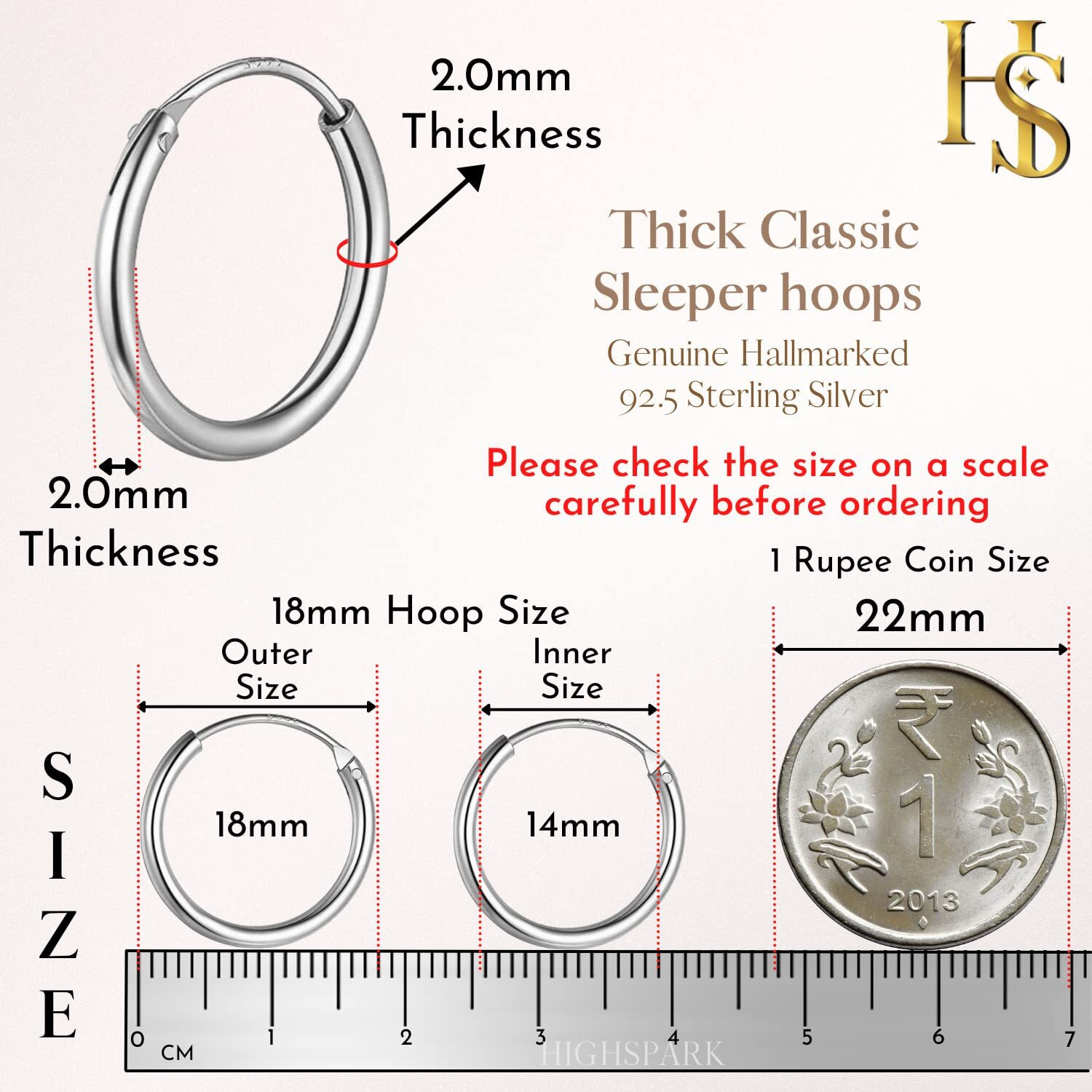 HIGHSPARK 925 Silver Hoop Earrings | 92.5 Sterling Silver Round Classic Thick Hoop Size 12mm to 20mm - Gauge 12G ie Thickness 2.0mm | Lovely Gift for Women & Girls - Silver 18mm
