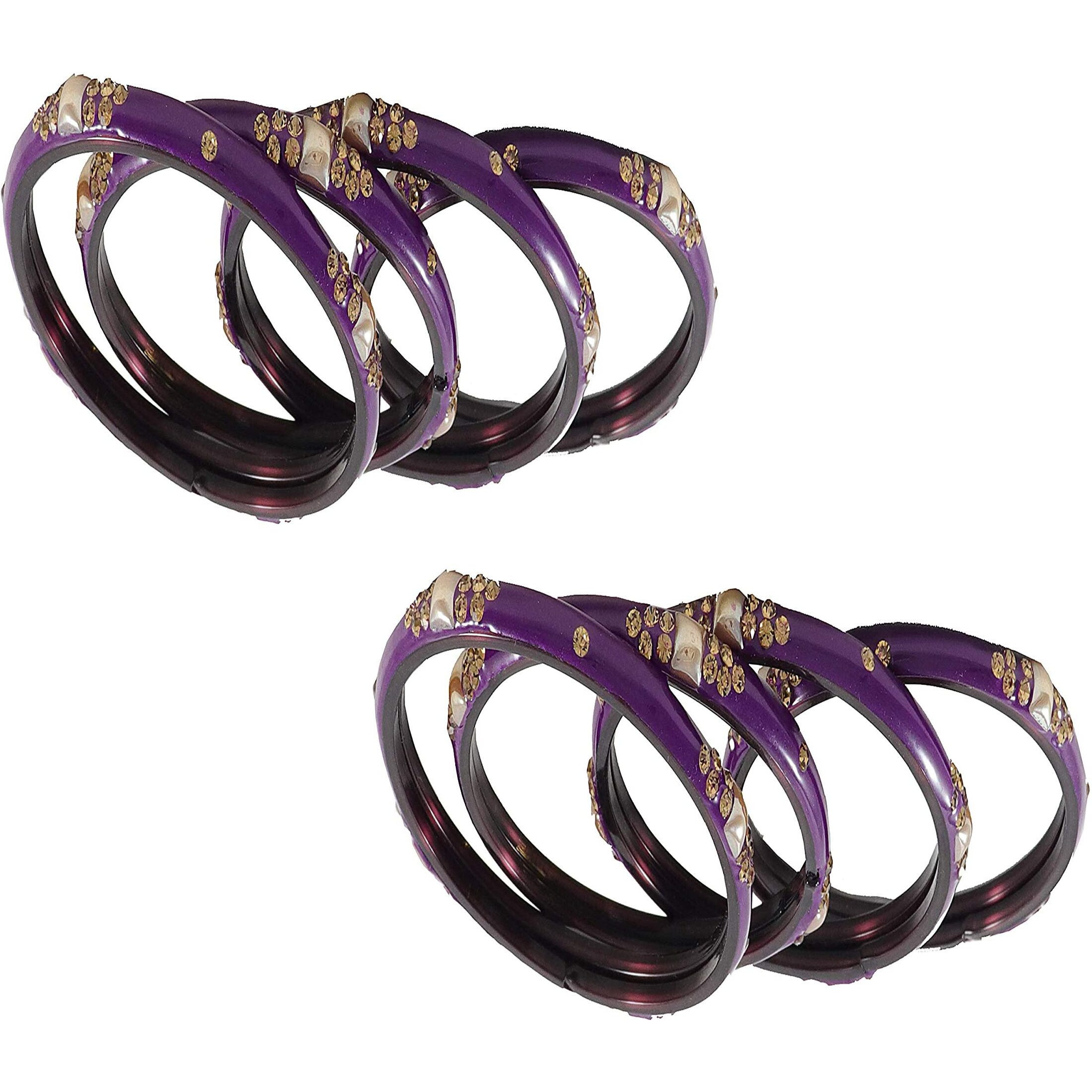 NMII Glass with Zircon Gemstone Or Beads Studded worked Glossy Finished Kada Set For Women and Girls, (Purple_2.2 Inches), Pack Of 8 Kada Set