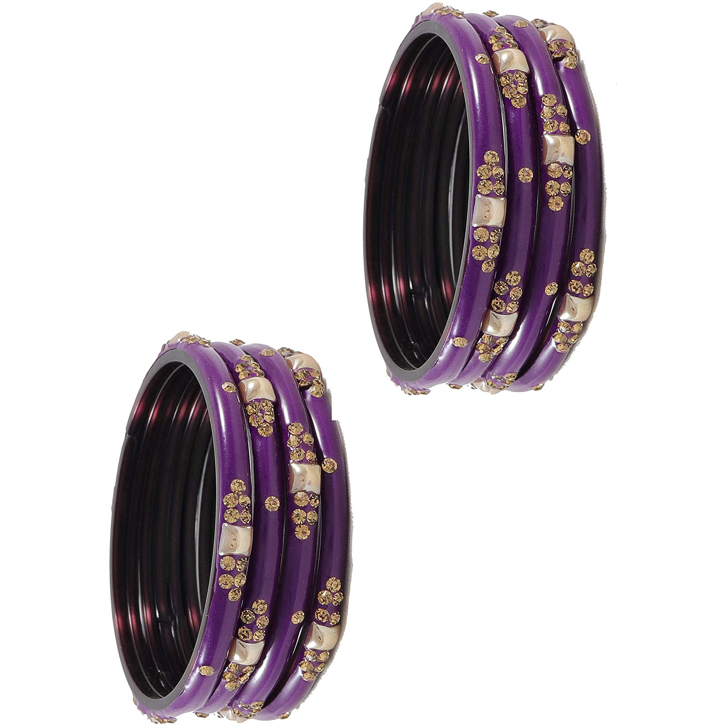 NMII Glass with Zircon Gemstone Or Beads Studded worked Glossy Finished Kada Set For Women and Girls, (Purple_2.2 Inches), Pack Of 8 Kada Set