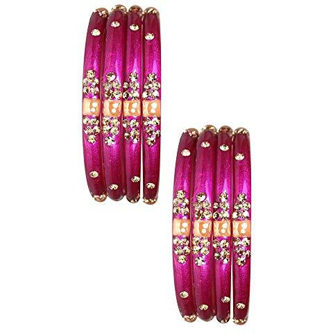 NMII Glass with Zircon Gemstone Or Beads Studded worked Glossy Finished Kada Set For Women and Girls, (Magenta_2.8 Inches), Pack Of 8 Kada Set