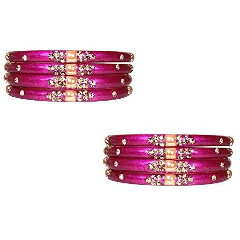 NMII Glass with Zircon Gemstone Or Beads Studded worked Glossy Finished Kada Set For Women and Girls, (Magenta_2.8 Inches), Pack Of 8 Kada Set