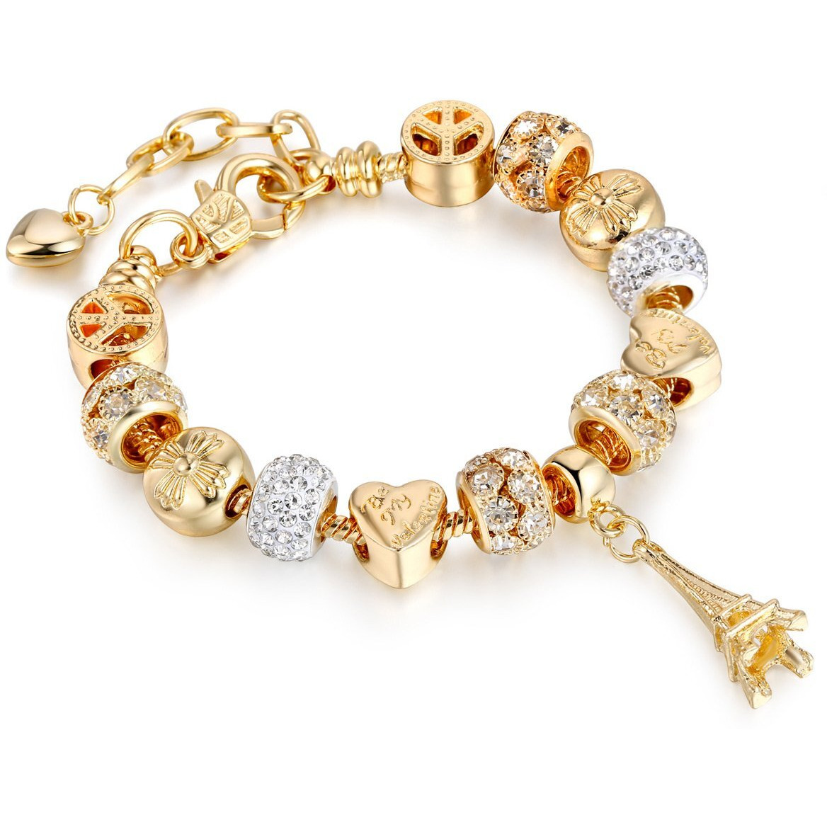 Young & Forever Gift Charismatic Charms Gold Plated Murano Glass Beads Bracelets for Women Fashion Cubic Zirconia Eiffel Tower Charm Bracelet for Girls