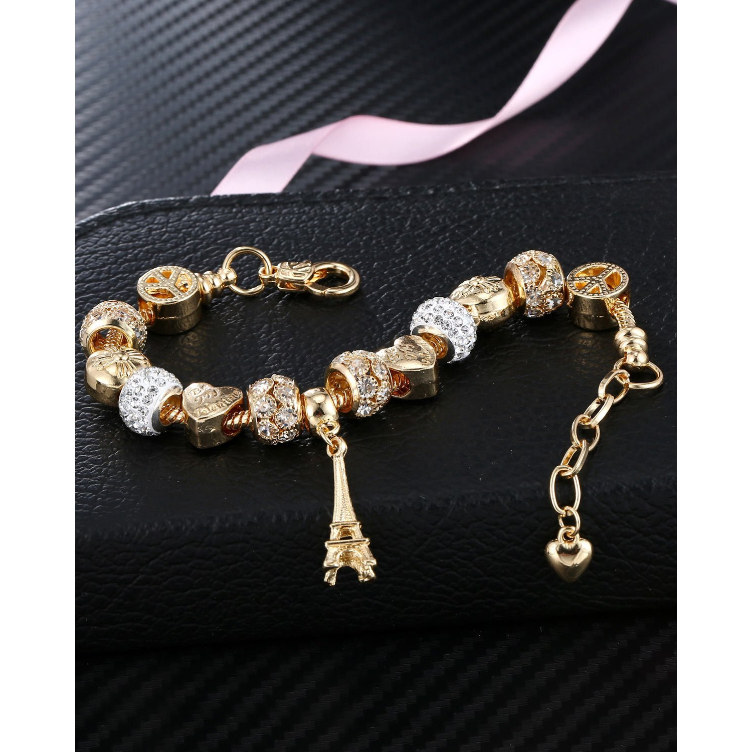 Young & Forever Gift Charismatic Charms Gold Plated Murano Glass Beads Bracelets for Women Fashion Cubic Zirconia Eiffel Tower Charm Bracelet for Girls