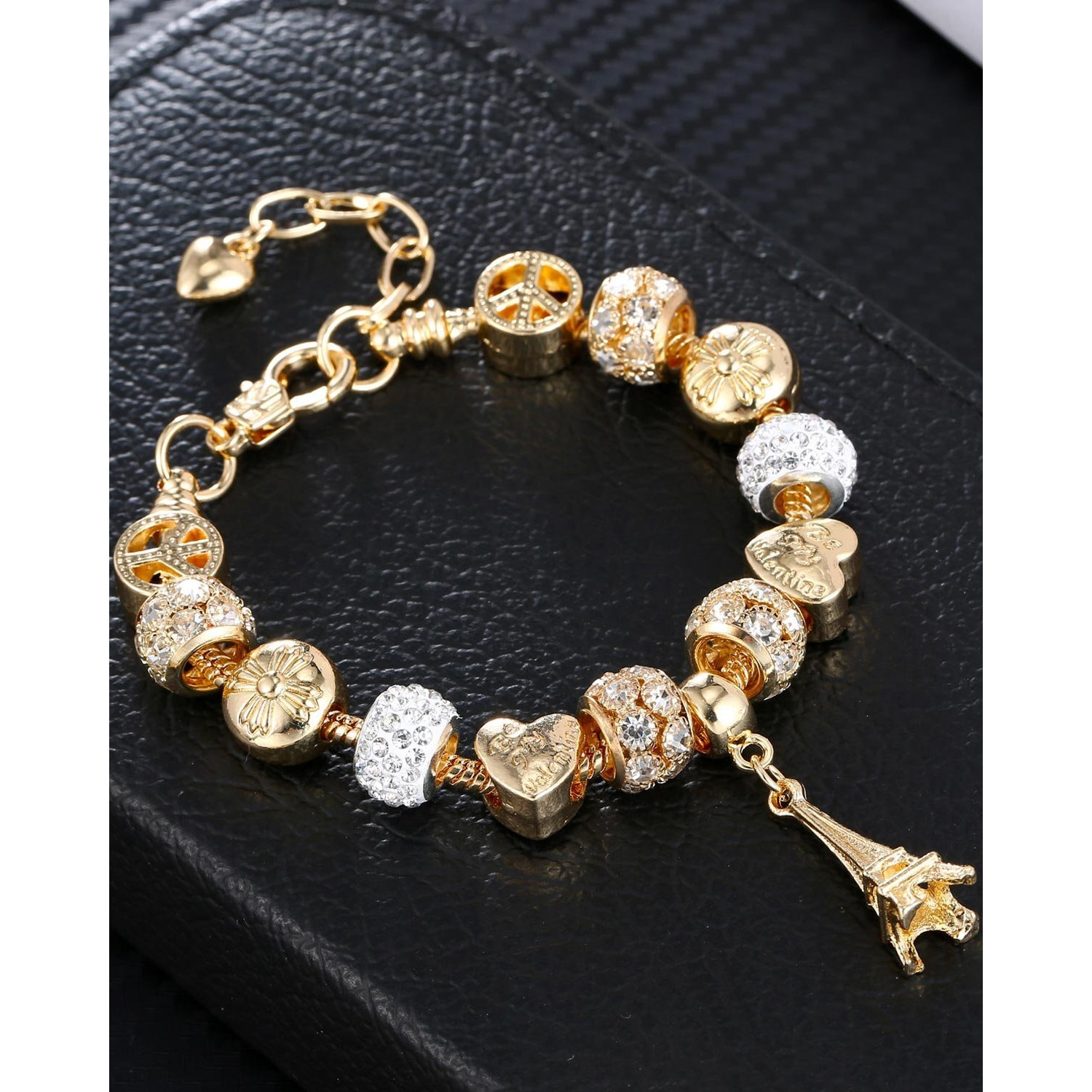 Young & Forever Gift Charismatic Charms Gold Plated Murano Glass Beads Bracelets for Women Fashion Cubic Zirconia Eiffel Tower Charm Bracelet for Girls