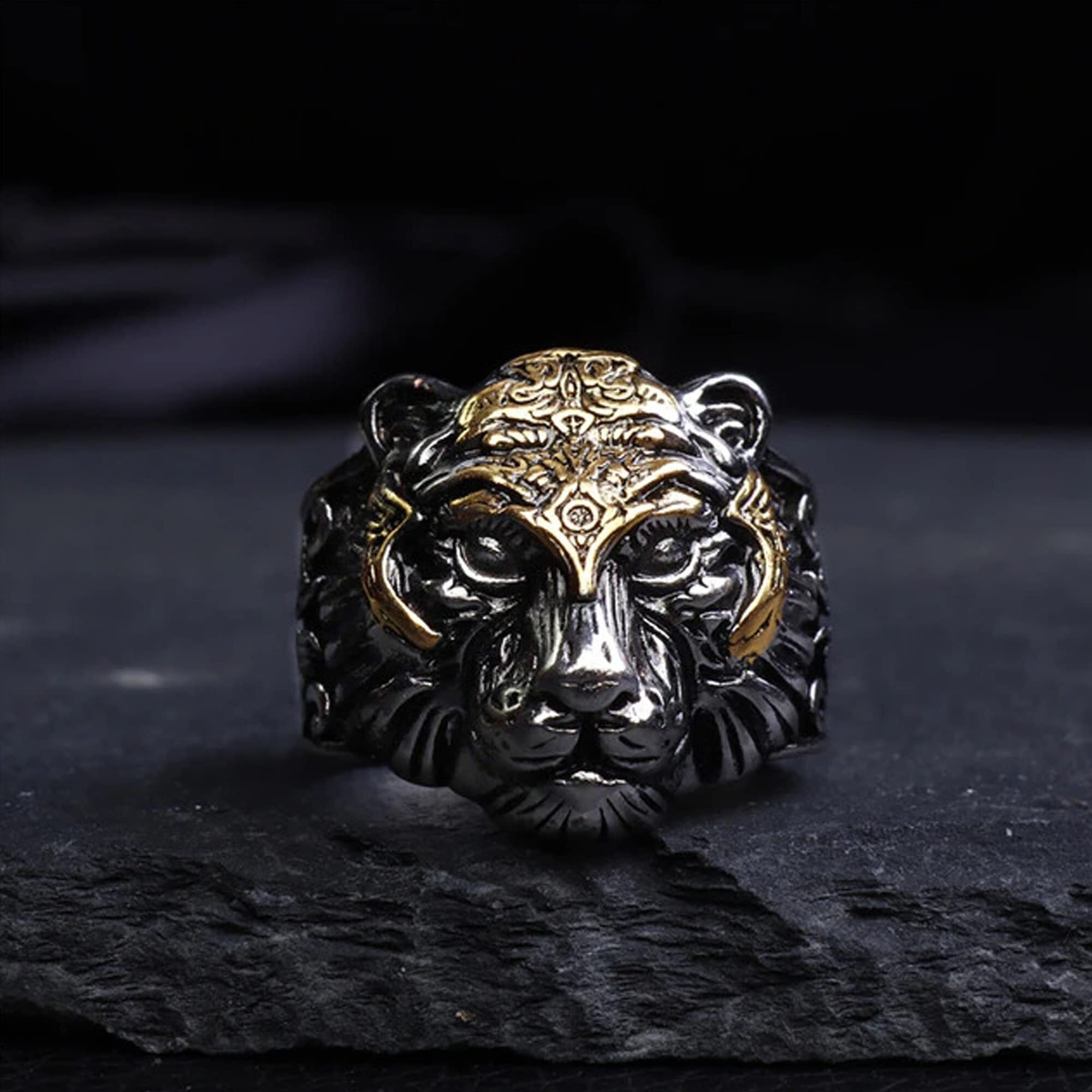 Fashion Frill Charming Rings For Men Silver King Lion Silver Plated Stylish Silver Ring For Men Boys Girls Stainless Steel Dude Evil Eye Chain Rings for Men Boys Jewellery Love Gifts