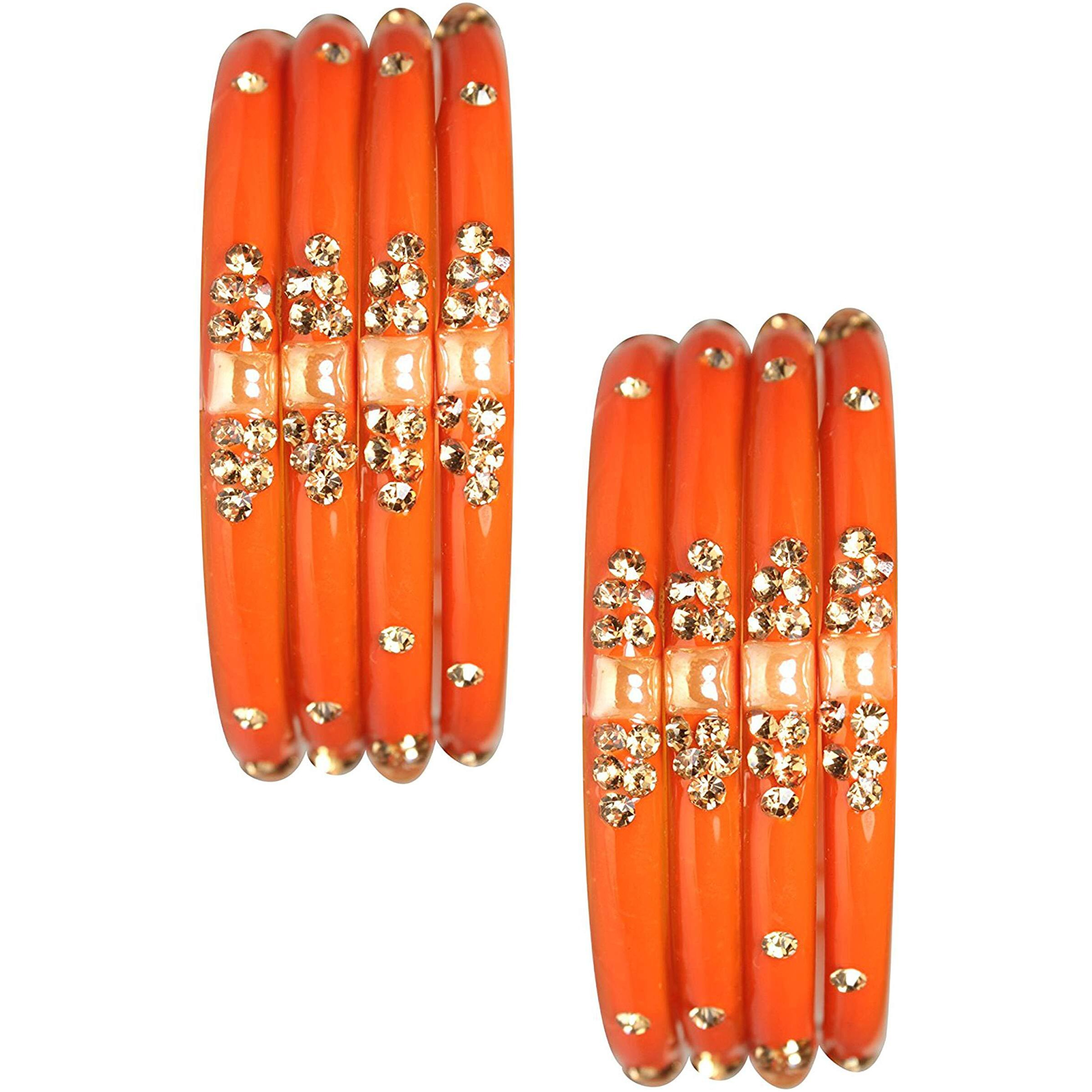 NMII Glass with Zircon Gemstone Or Beads Studded worked Glossy Finished Kada Set For Women and Girls, (Orange_2.2 Inches), Pack Of 8 Kada Set