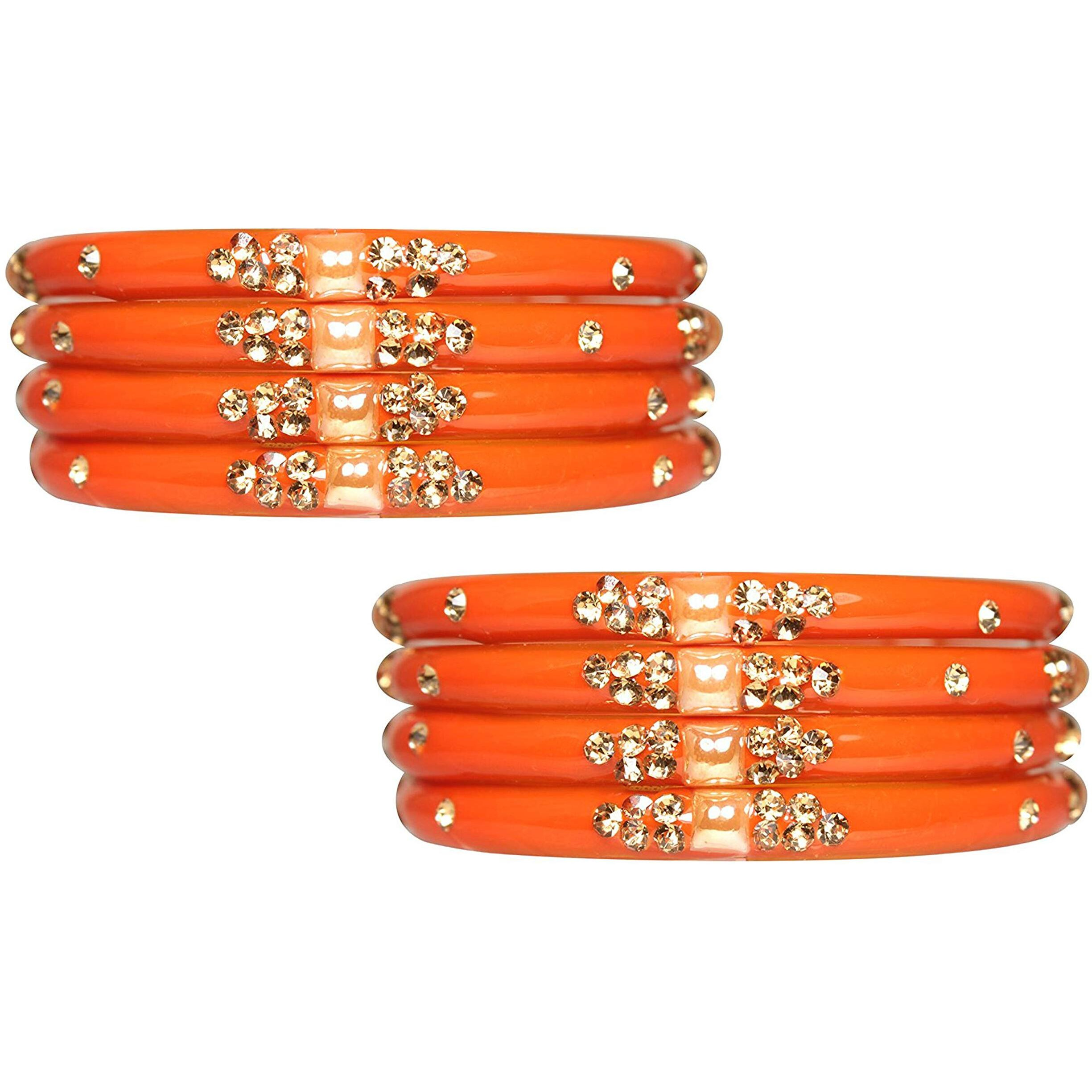 NMII Glass with Zircon Gemstone Or Beads Studded worked Glossy Finished Kada Set For Women and Girls, (Orange_2.2 Inches), Pack Of 8 Kada Set